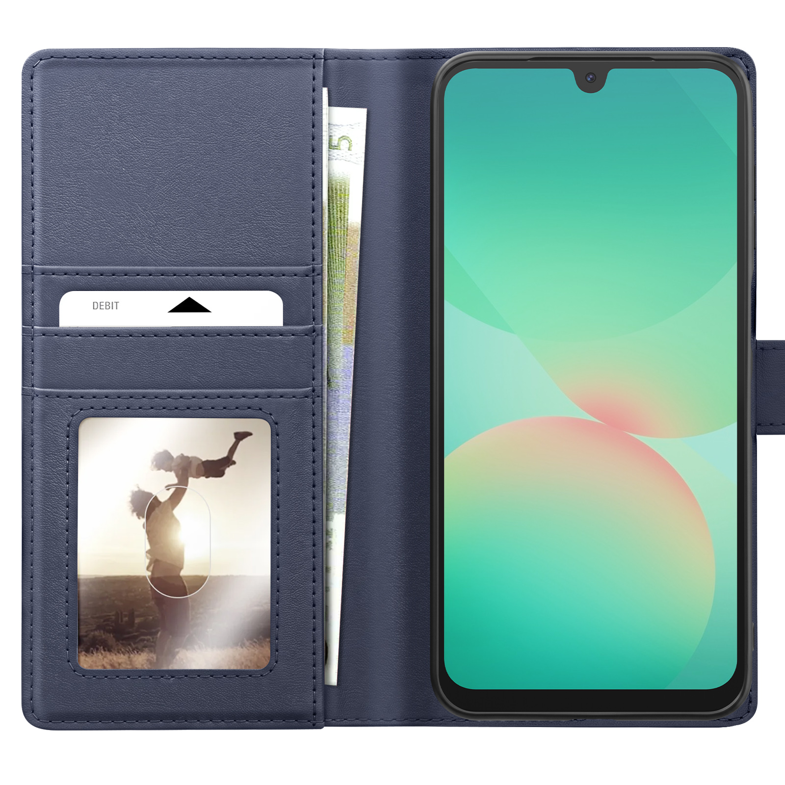 Blaues Leder-Flip-Etui mit Smartphone, Bankkarte, Geld und Fotorahmen.