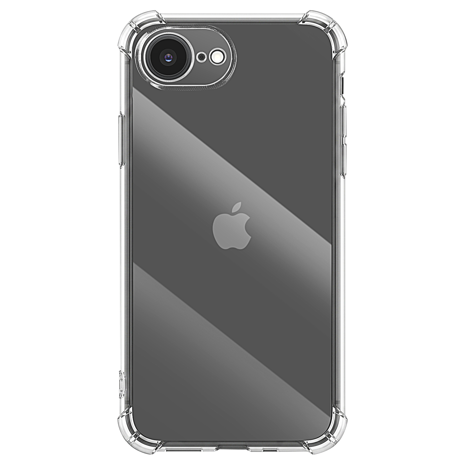 Rückseite eines iPhones in einer transparenten Schutzhülle mit verstärkten Ecken auf weißem Hintergrund.