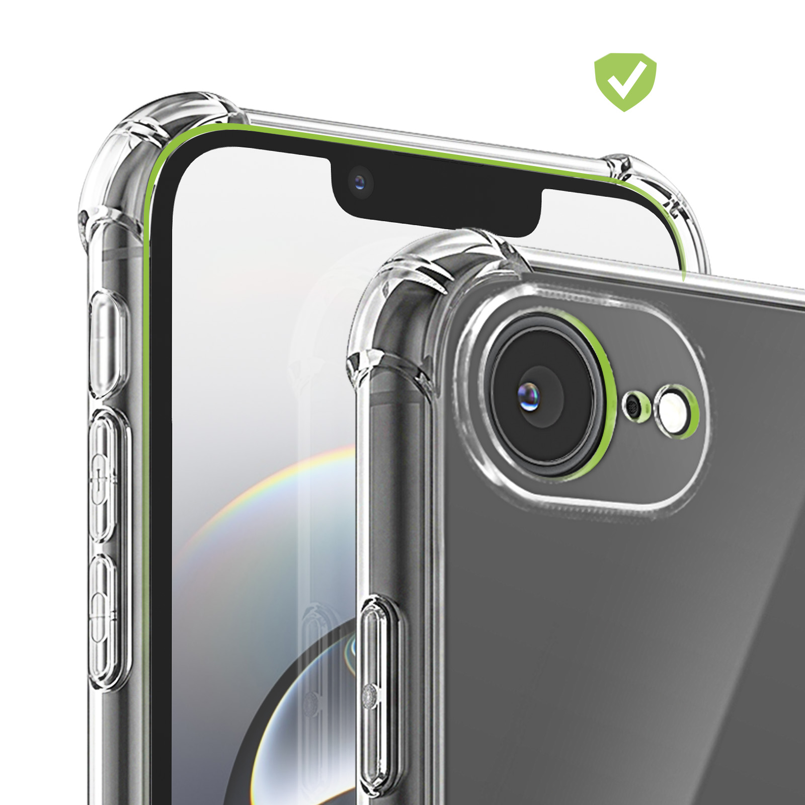 Transparente Schutzhülle auf einem Smartphone mit verstärkten Ecken und Kameraausschnitt.