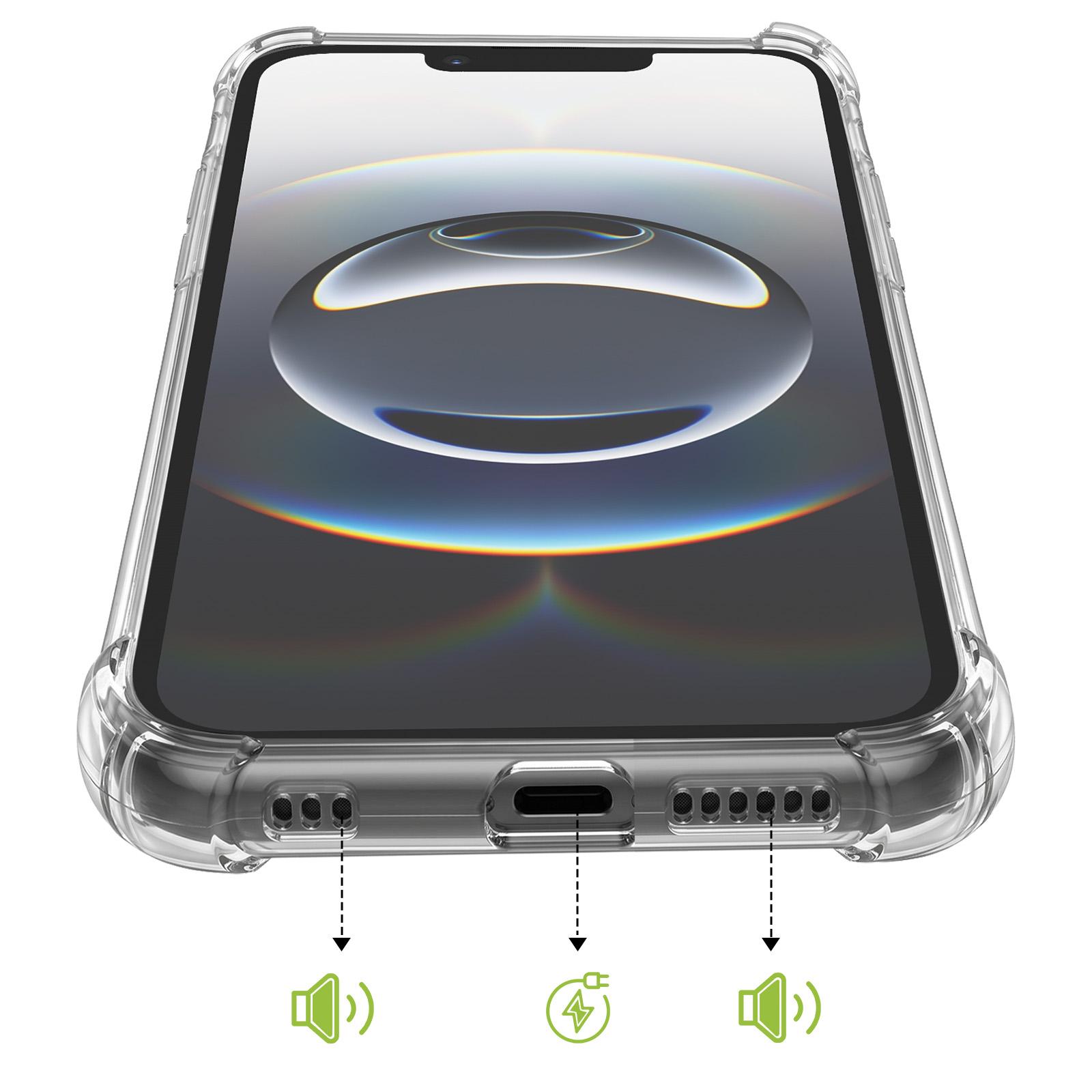 Ein Smartphone in einer klaren Schutzhülle, Nahaufnahme der Unterseite mit Ladeanschluss und Lautsprechern.