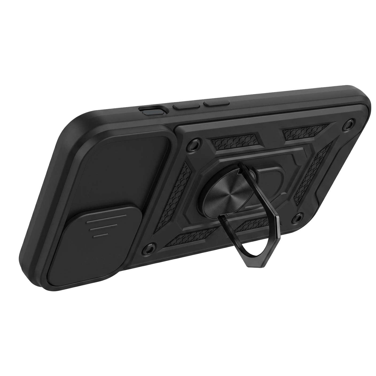 Eine schwarze Smartphone-Hülle mit integriertem Ringständer und verschließbarer Kameraabdeckung.
