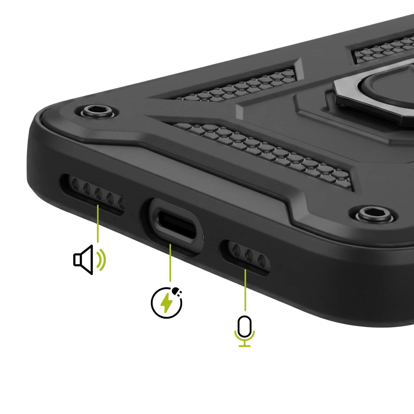 Unterseite einer schwarzen Schutzhülle mit Lautsprecher-, USB-C-Anschluss- und Mikrofonsymbolen.