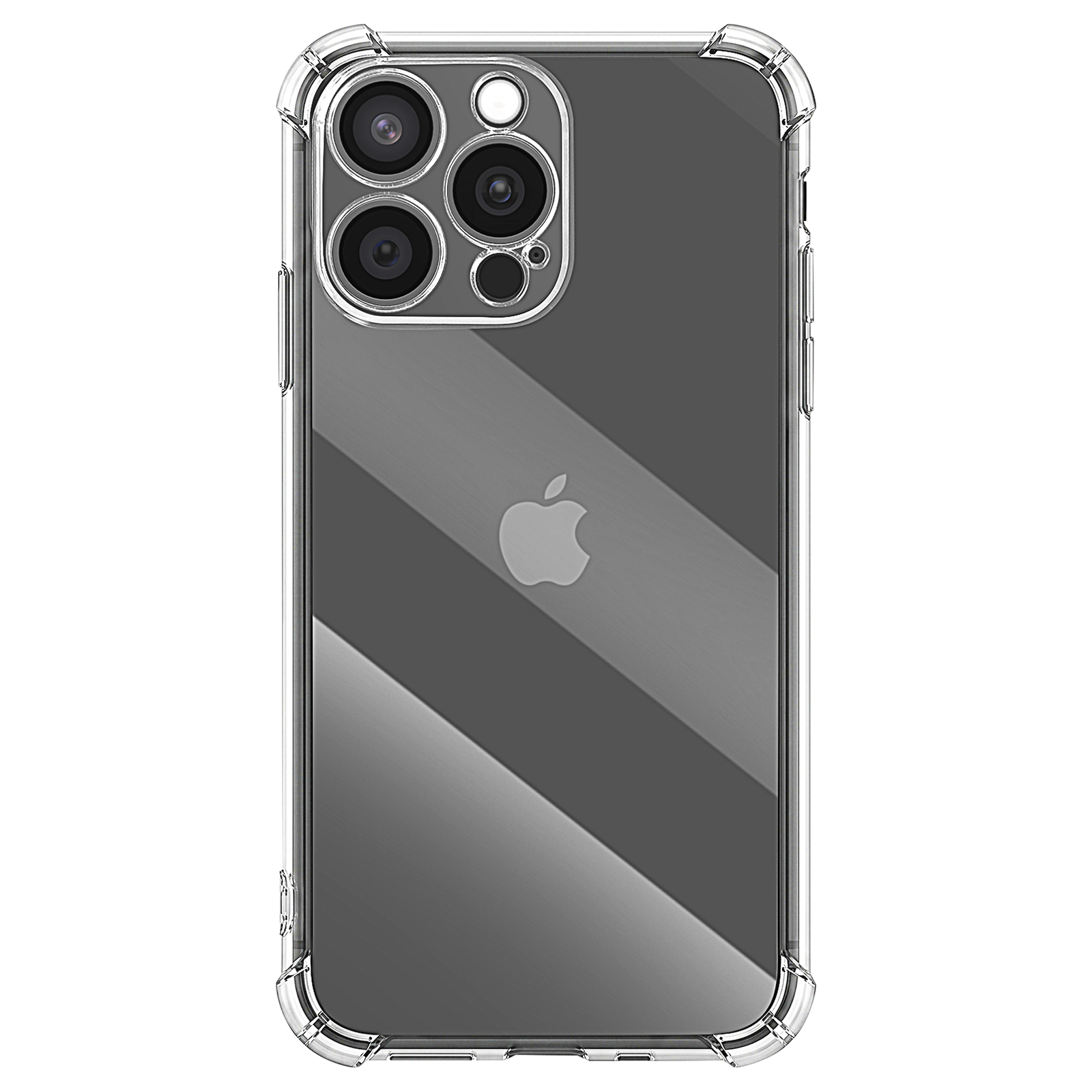 Eine transparente Schutzhülle auf einem dunklen Telefon zeigt das Apple-Logo und drei Kameras.