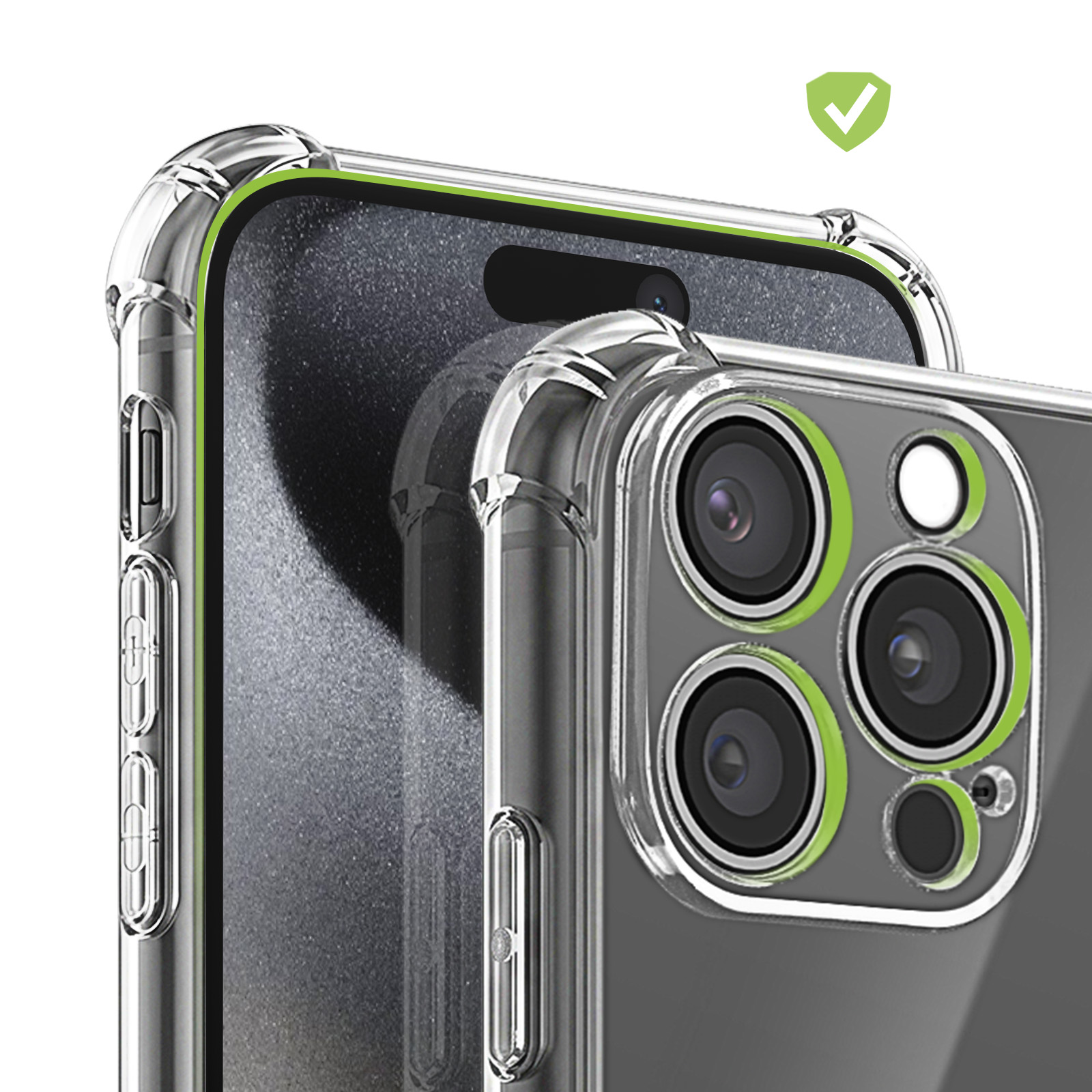 Ein Smartphone mit klarer Schutzhülle, grünen Akzenten an den Kameraringen und verstärkten Ecken auf weißem Hintergrund.