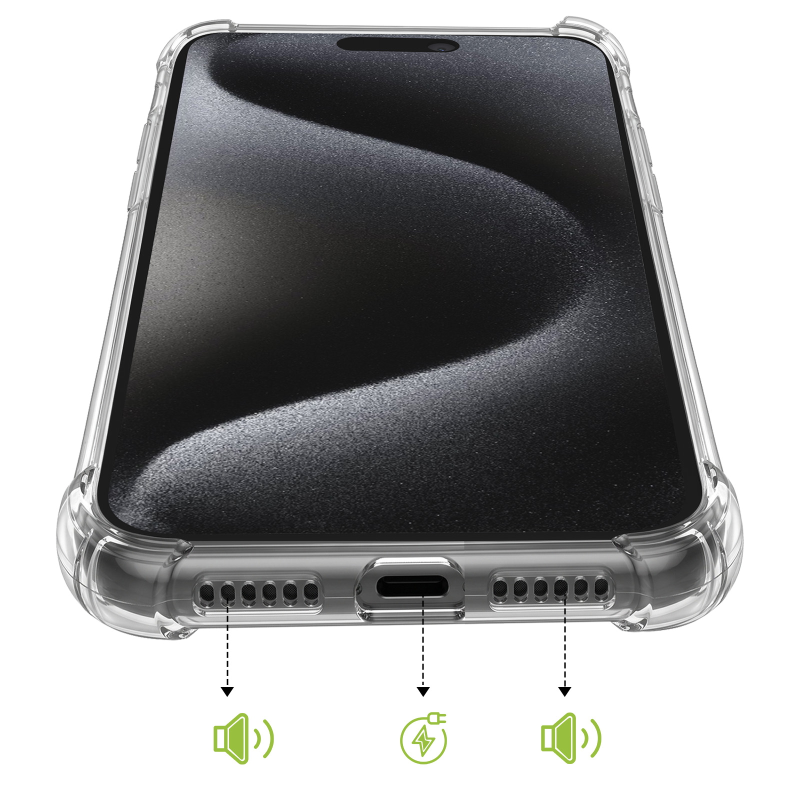 Smartphone in transparenter Schutzhülle mit USB-C-Anschluss und Lautsprechern.