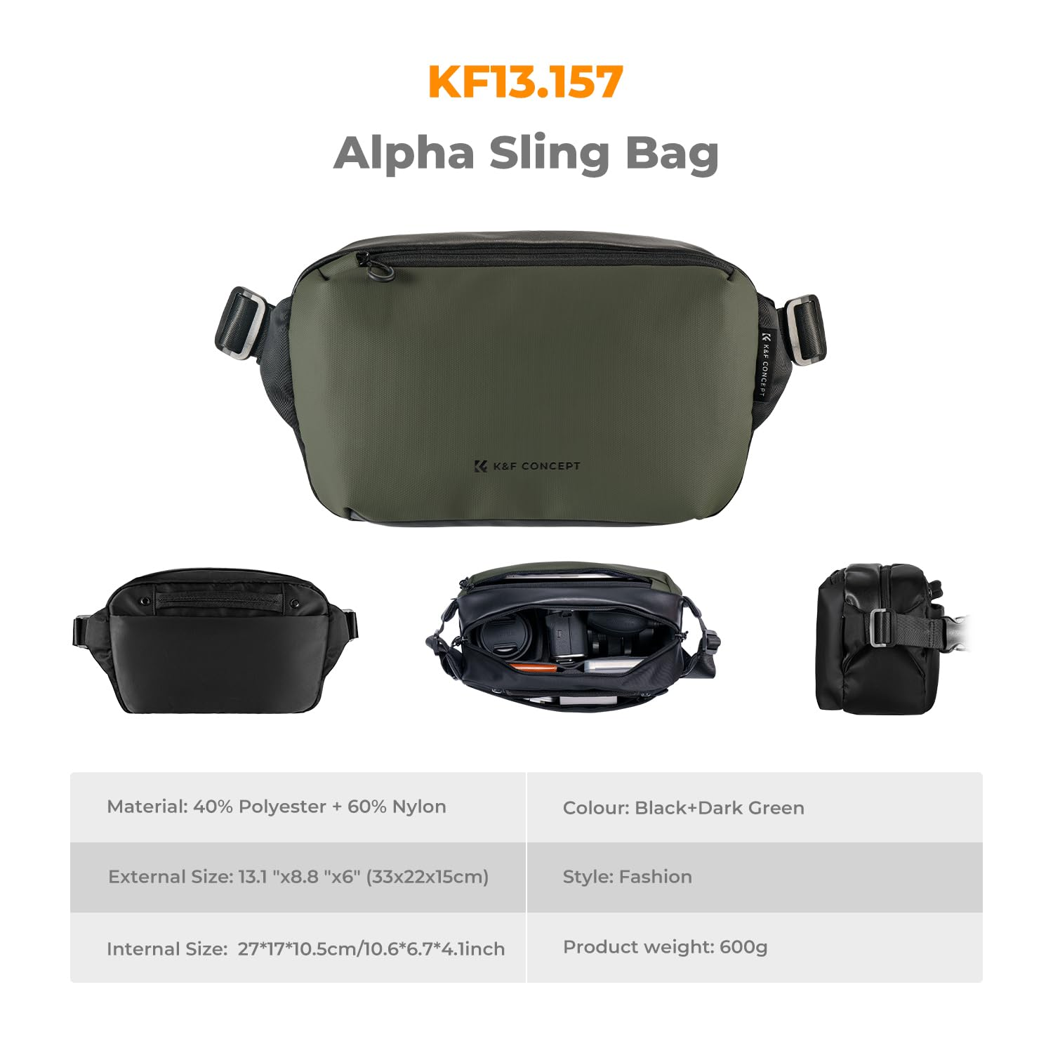 Grün-schwarze Alpha Sling Bag mit technischen Details wie Material, Größe und Gewicht in einer Übersicht.