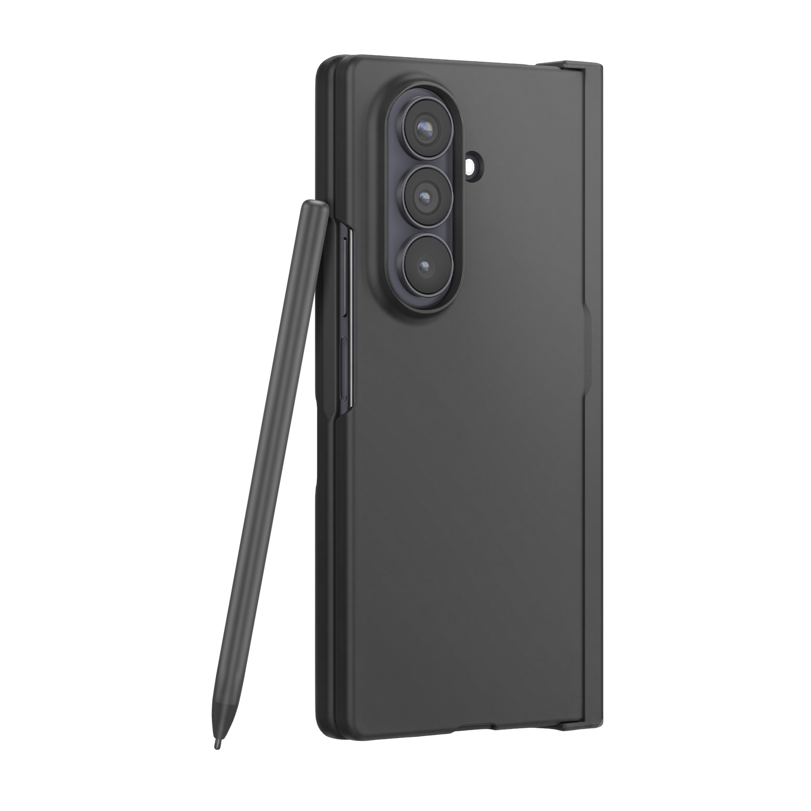 Ein schwarzes Smartphone in einer Schutzhülle mit Dreifachkamera und einem Stylus-Stift auf weißem Hintergrund.