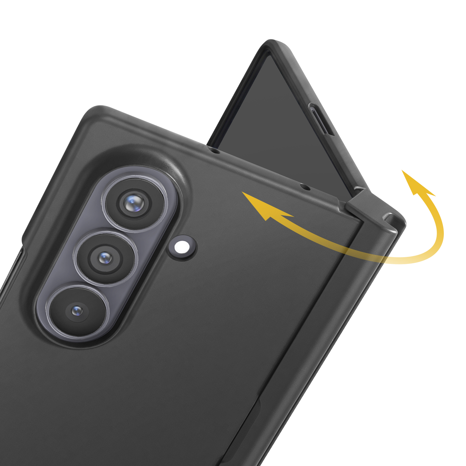 Ein schwarzes faltbares Smartphone zeigt drei Rückkameras und einen gelben Drehpfeil.