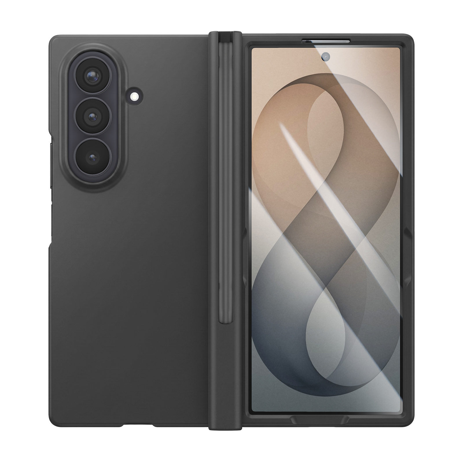Ein schwarzes faltbares Smartphone in einer Hülle mit Dreifachkamera hinten und Innendisplay mit Stifthalter.