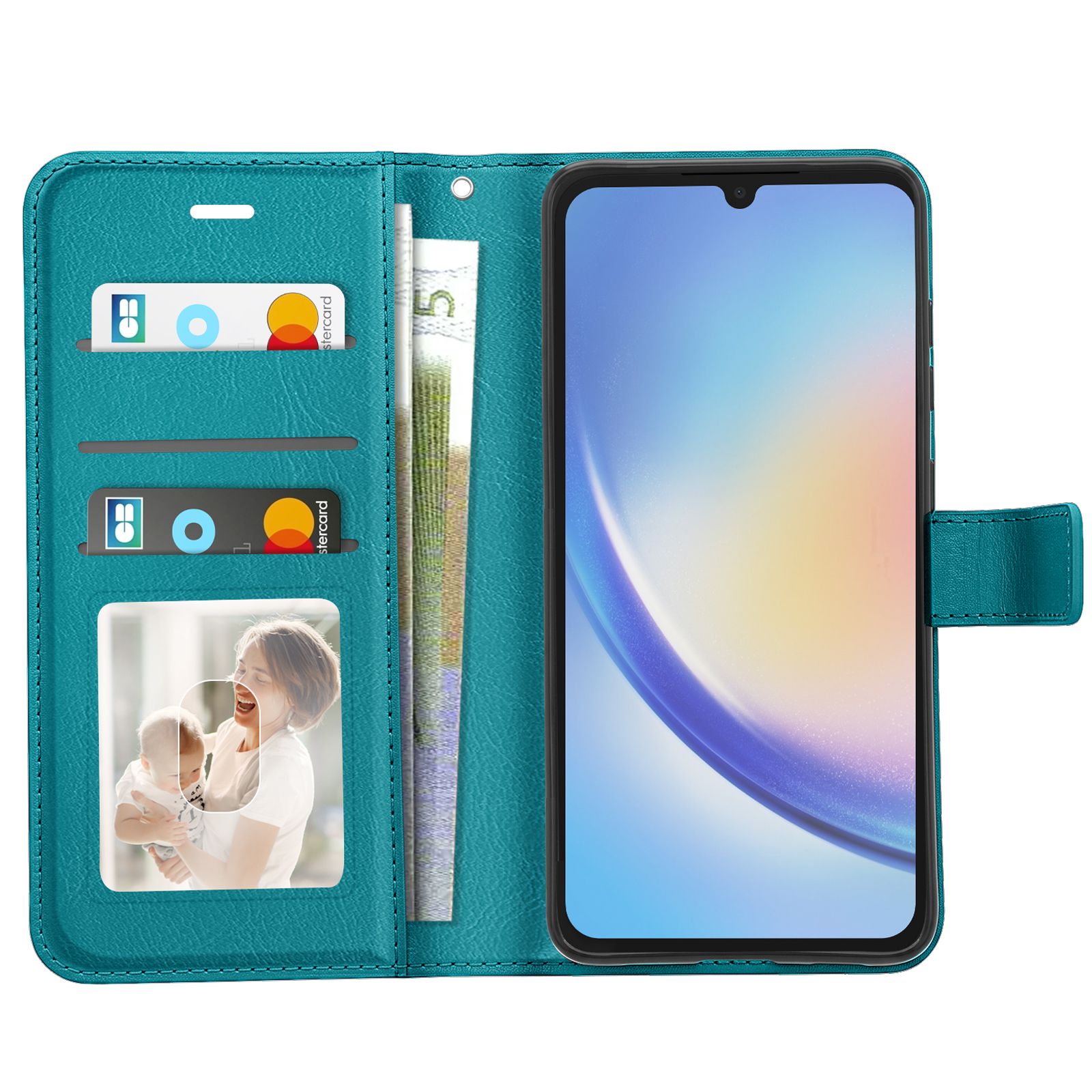 Türkisfarbene Handytasche mit Kartenfächern, Geldscheinen und einem Foto von einer Frau und einem Baby.