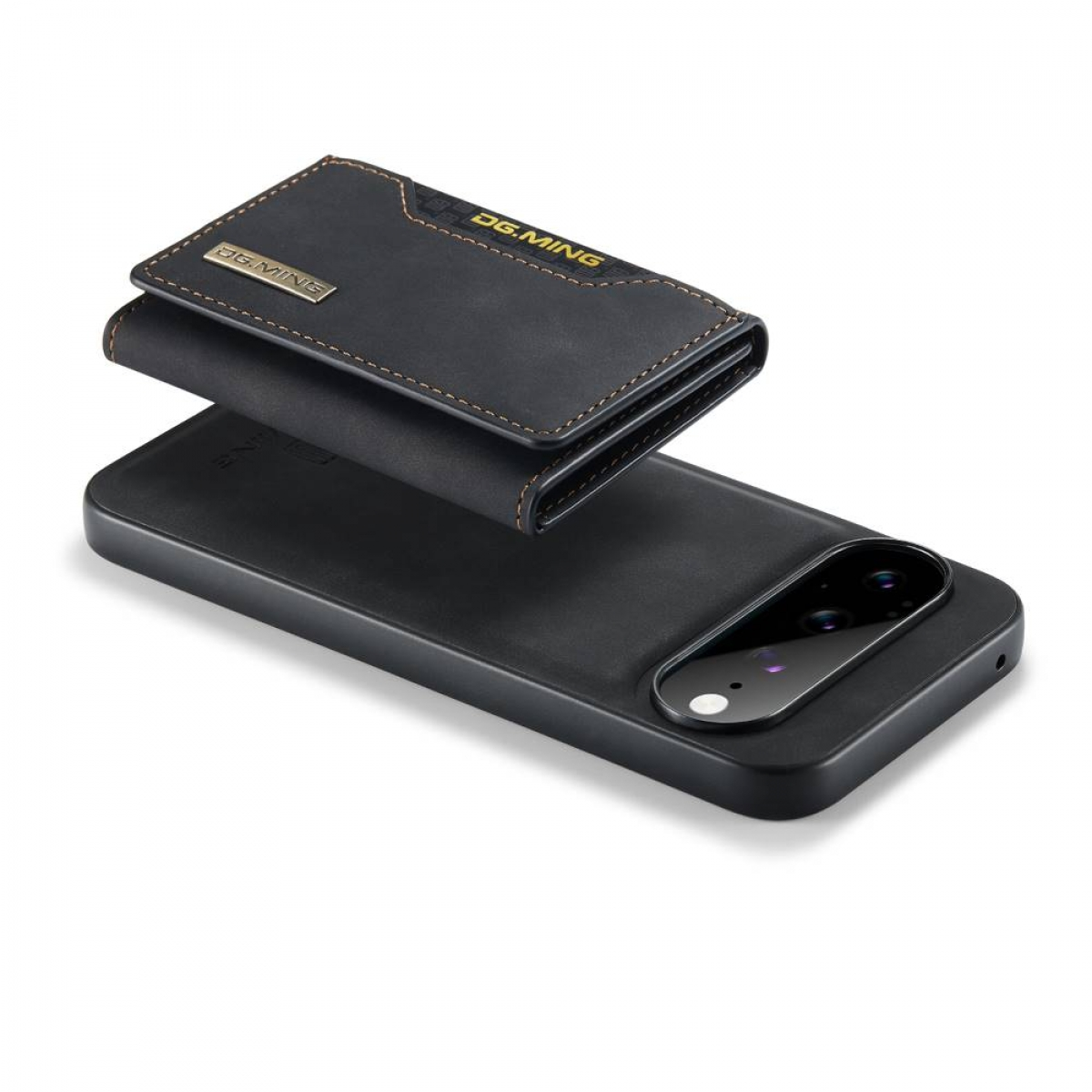 Ein schwarzes Leder-Smartphone-Etui mit abnehmbarem Kartenhalter auf weißem Hintergrund.