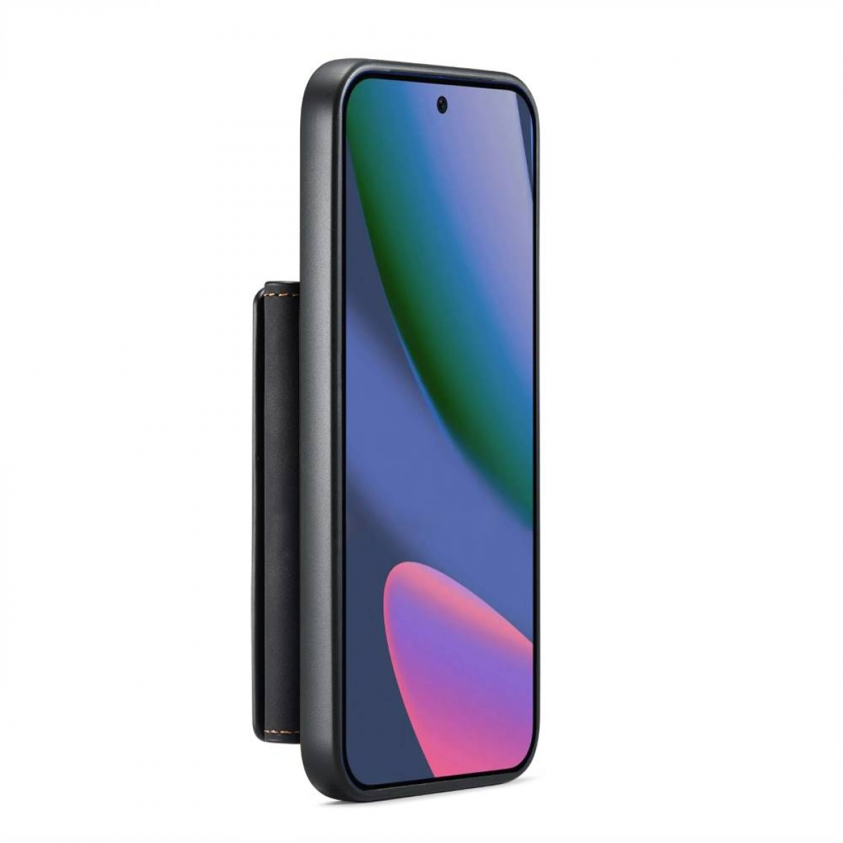 Ein Smartphone im schwarzen Gehäuse mit angebrachter schwarzer Ledertasche und blau-grünem Bildschirm.