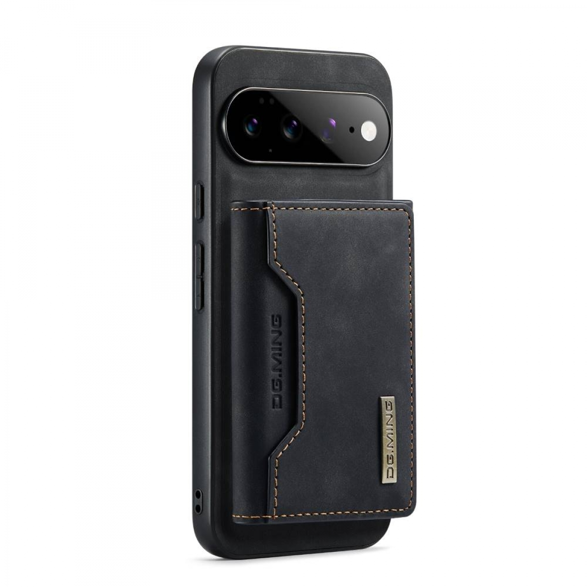 Ein schwarzes Leder-Smartphone-Case mit einer abnehmbaren magnetischen Kartenbrieftasche auf der Rückseite.
