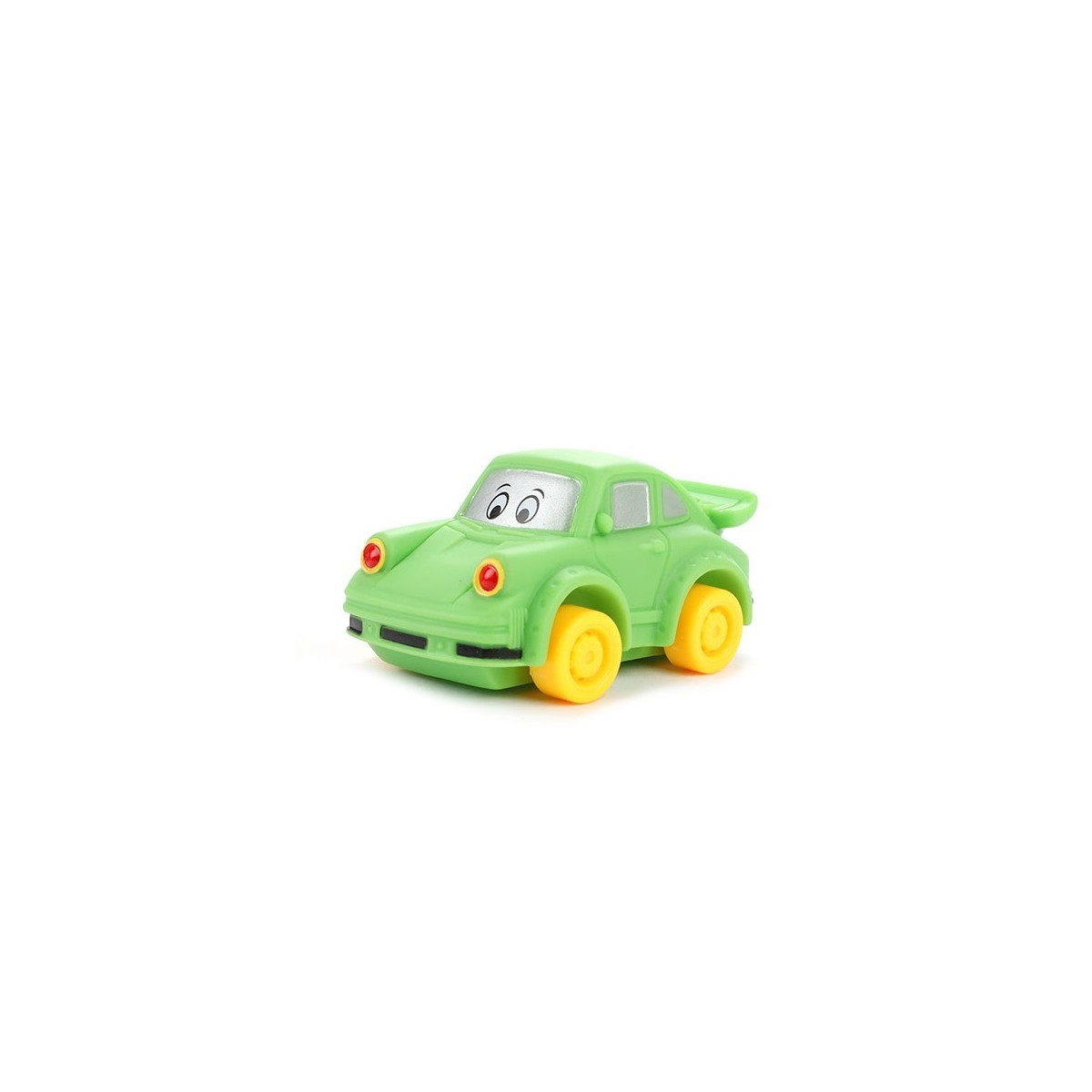 Ein kleines grünes Spielzeugauto mit großen Cartoon-Augen auf der Windschutzscheibe und gelben Rädern.