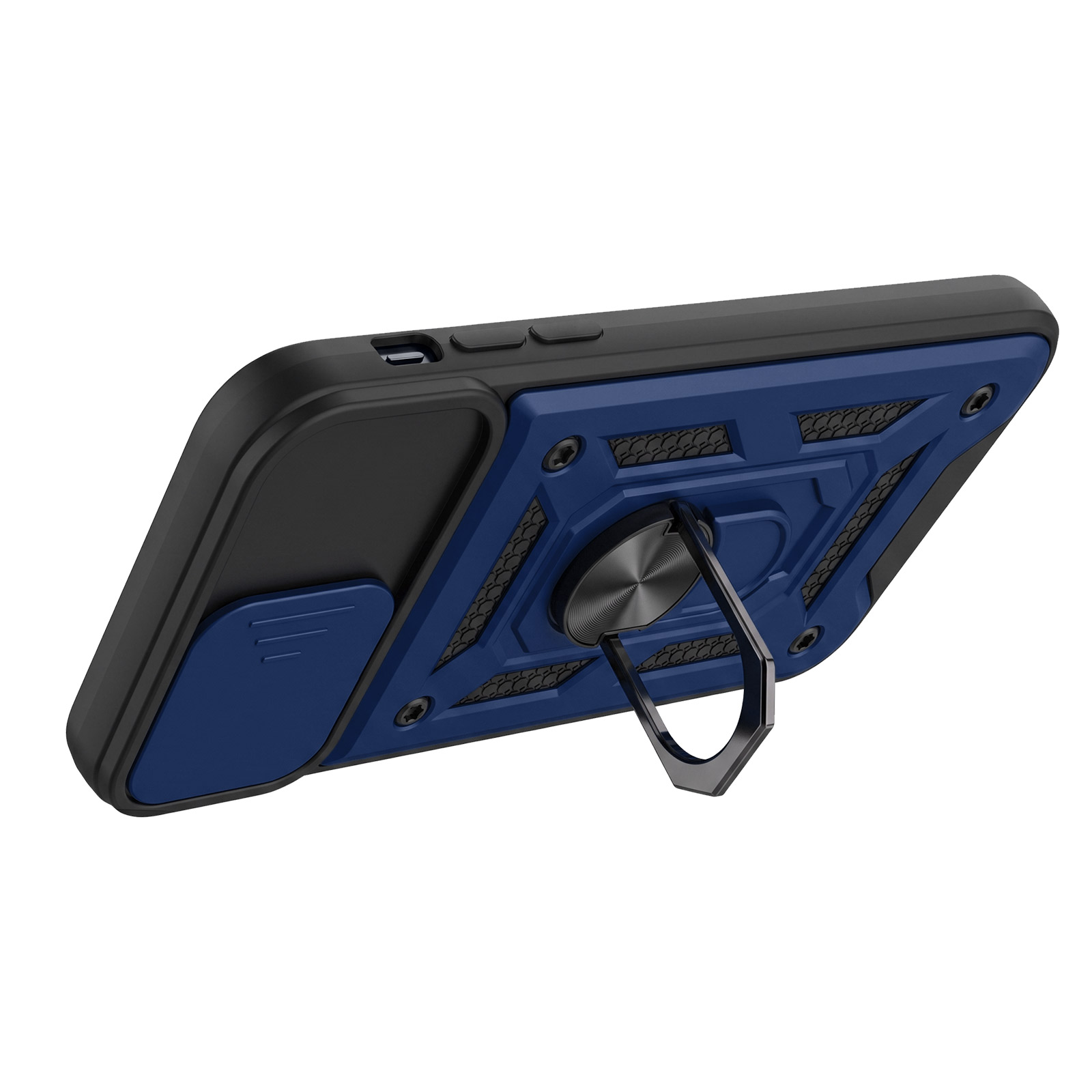 Robuste blaue und schwarze Handyhülle mit integriertem Metallring-Ständer und Kamera-Schiebeabdeckung.