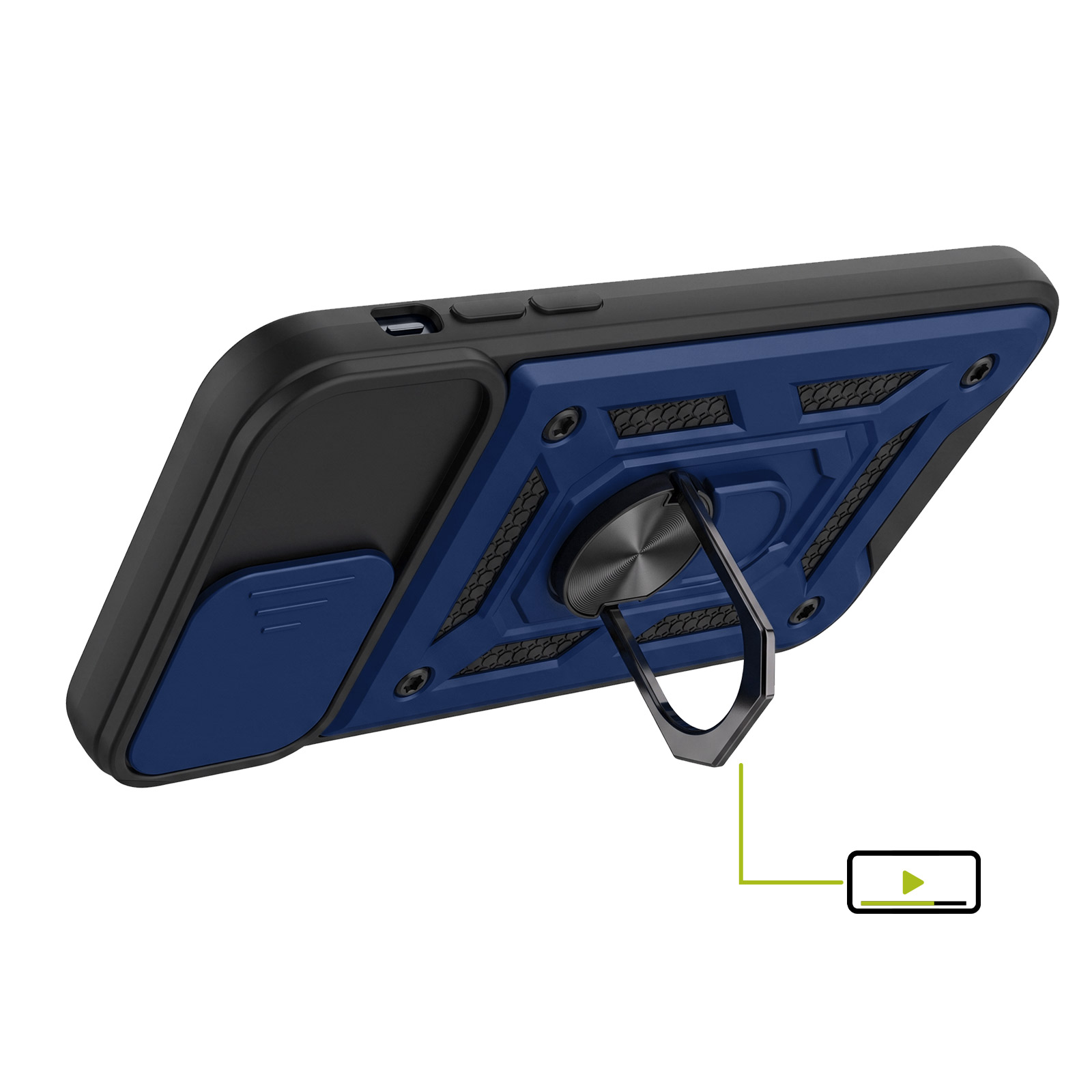 Blaue Smartphone-Hülle mit schwarzem Rahmen, Kameraabdeckung und integriertem Ringständer auf der Rückseite.