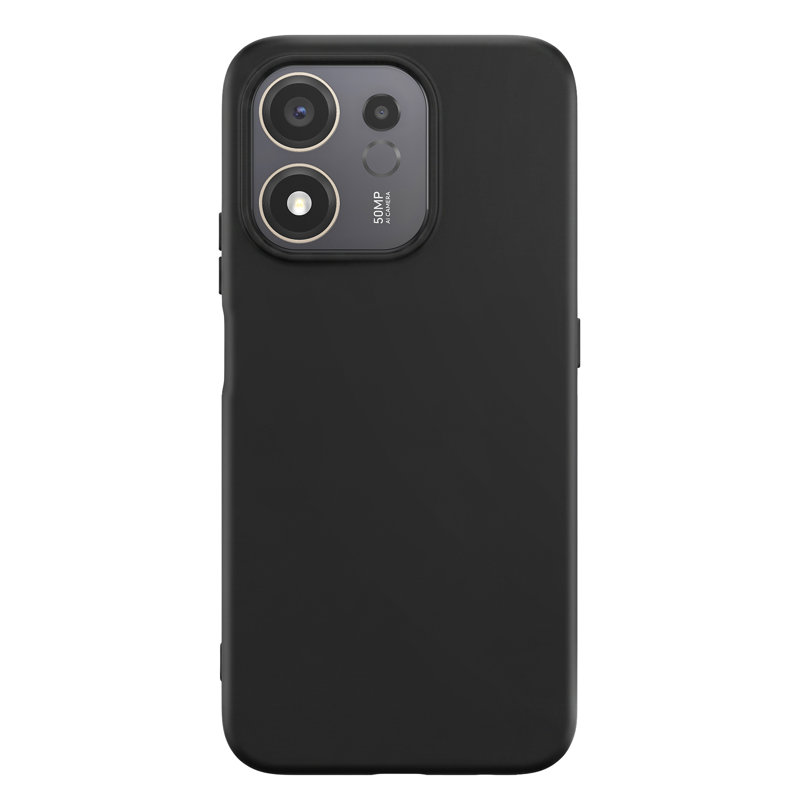 Schwarze Smartphone-Rückseite mit Dual-Kamera, Blitz und 50MP AI-Kamera-Aufschrift vor schlichtem Hintergrund.