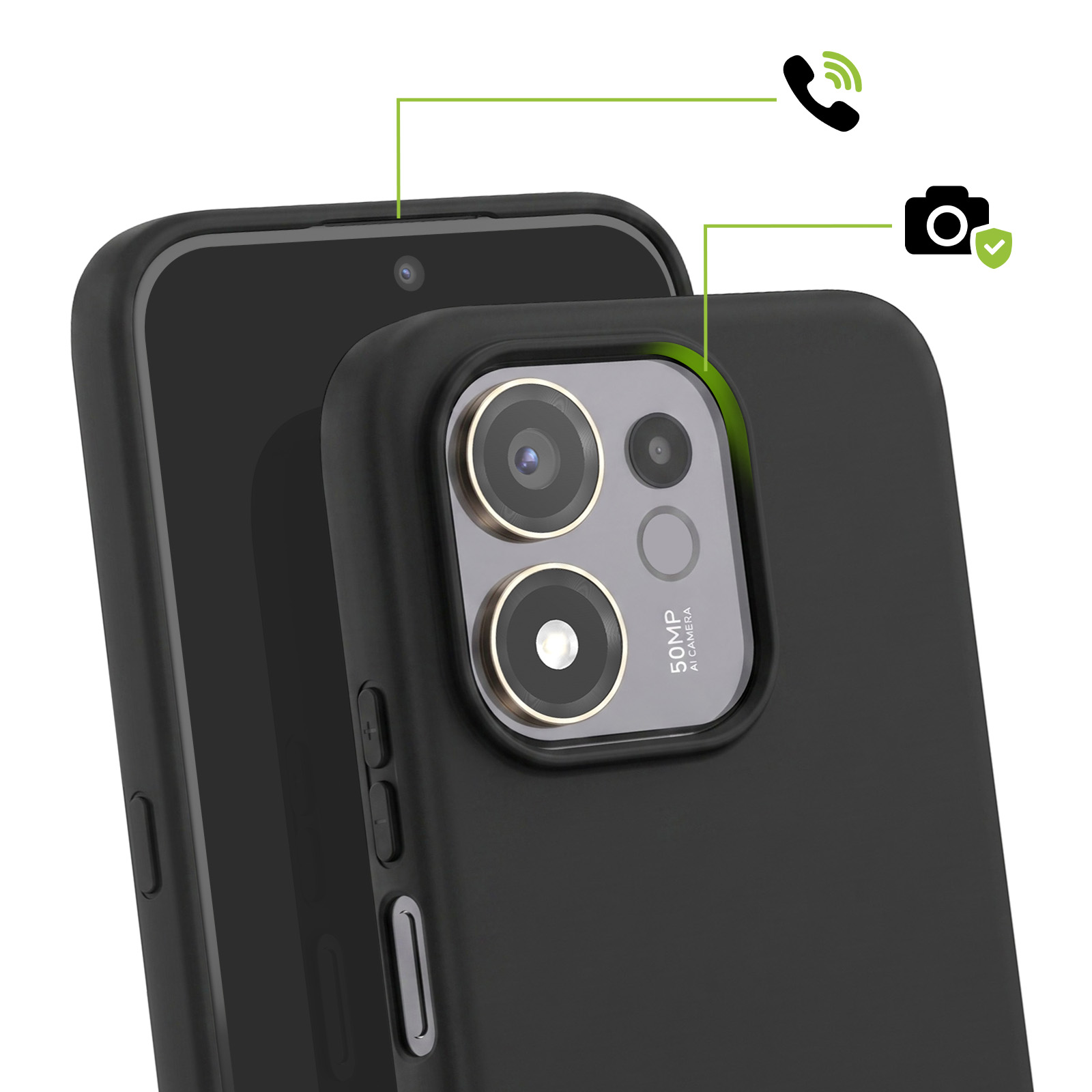 Zwei schwarze Smartphone-Hüllen mit Kamera- und Anrufsymbolen oben.