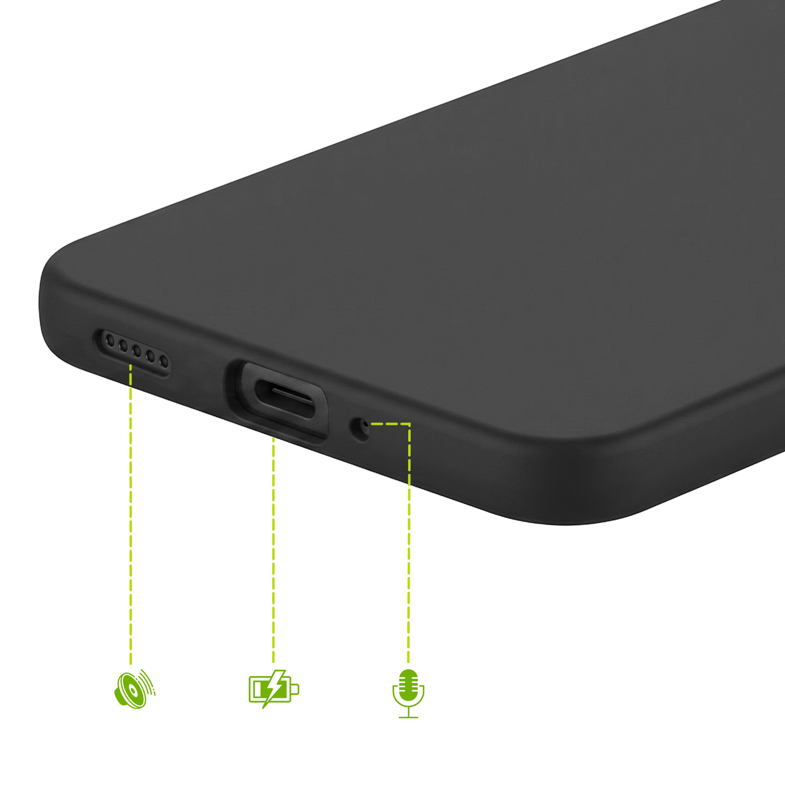 Unterseite eines schwarzen Smartphones mit USB-C-Anschluss, Lautsprecher und Mikrofon.