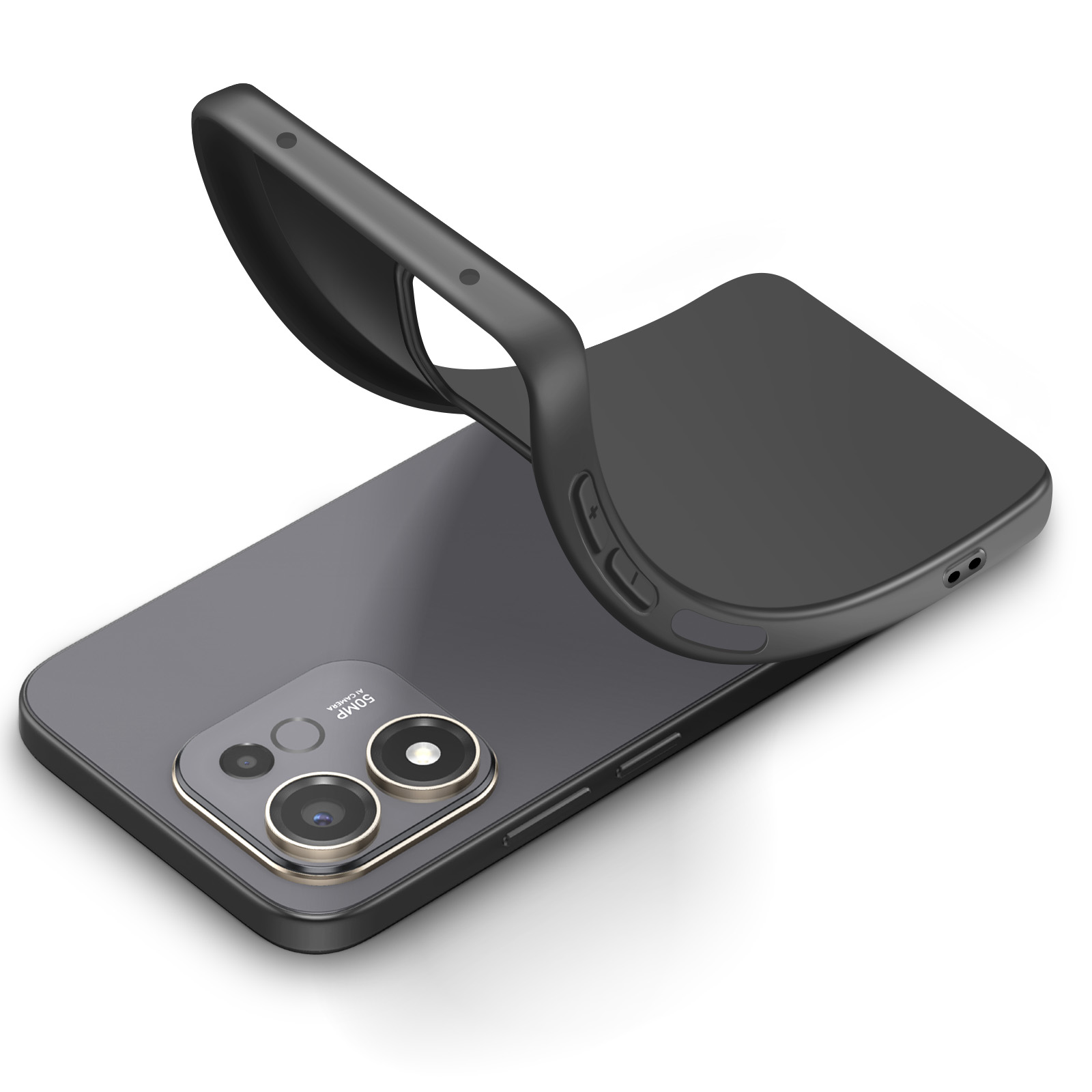Ein schwarzes Smartphone mit Triple-Kamera wird teilweise aus einer flexiblen schwarzen Schutzhülle genommen.