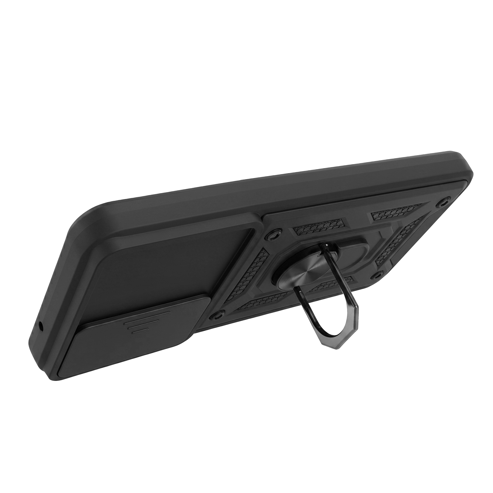 Eine schwarze, robuste Smartphone-Hülle auf weißem Hintergrund mit integriertem Metallring-Ständer.