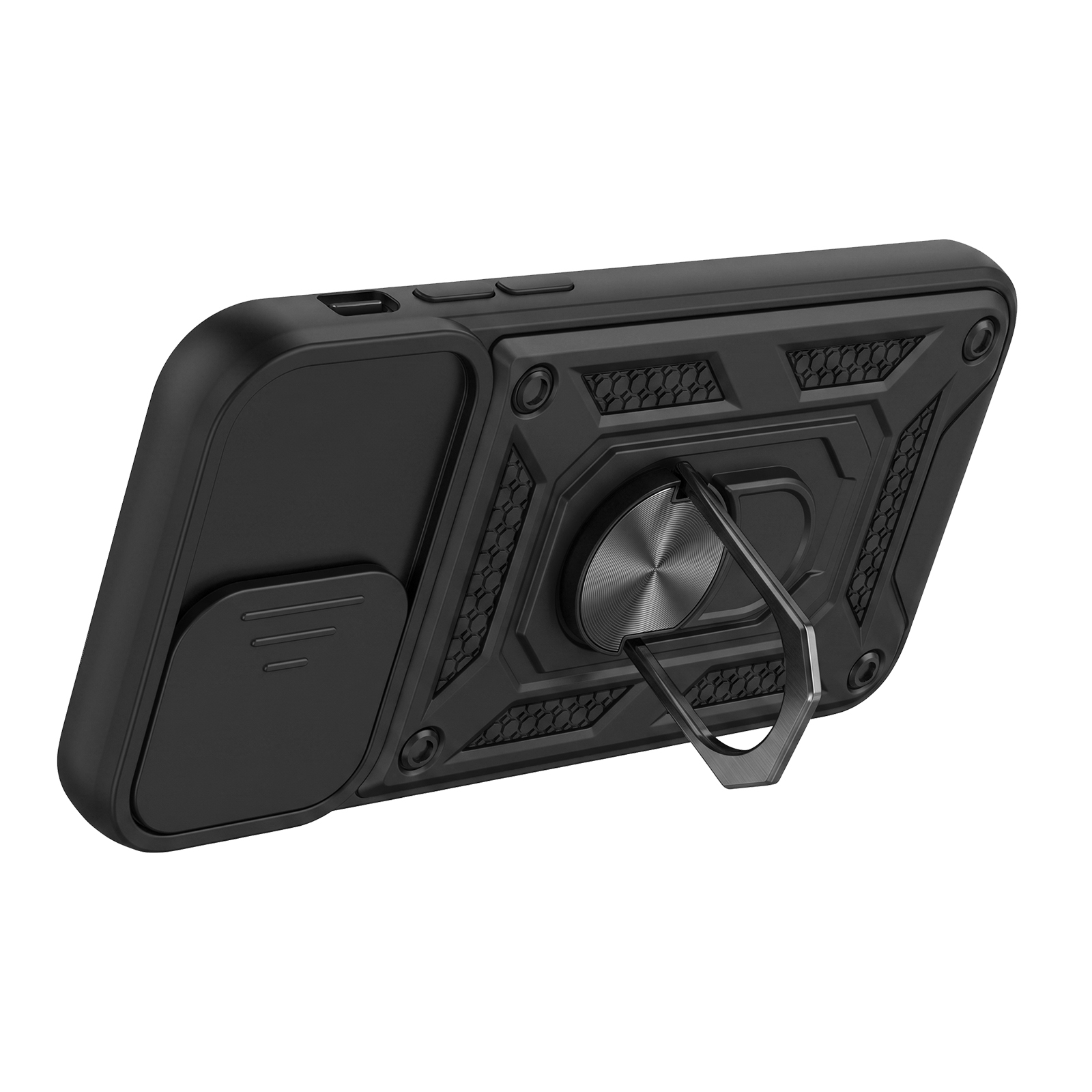 Schwarze Schutzhülle für Mobiltelefone mit Kameraabdeckung und integriertem Metallringständer auf weißem Hintergrund.