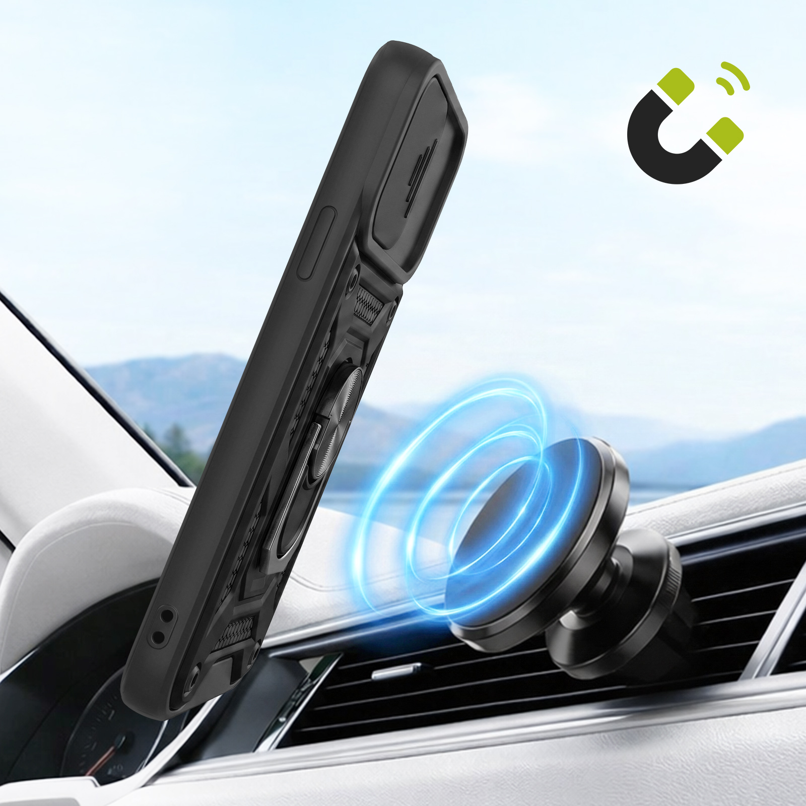 Ein schwarzes Smartphone in Schutzhülle ist an einer magnetischen Auto-Lüftungsgitterhalterung befestigt.