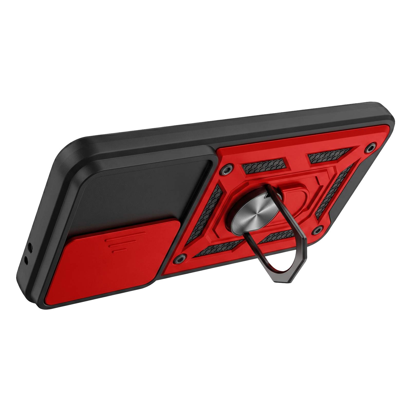 Robuste schwarze und rote Smartphone-Hülle mit integriertem Metallring-Ständer und Schiebeabdeckung auf der Rückseite.