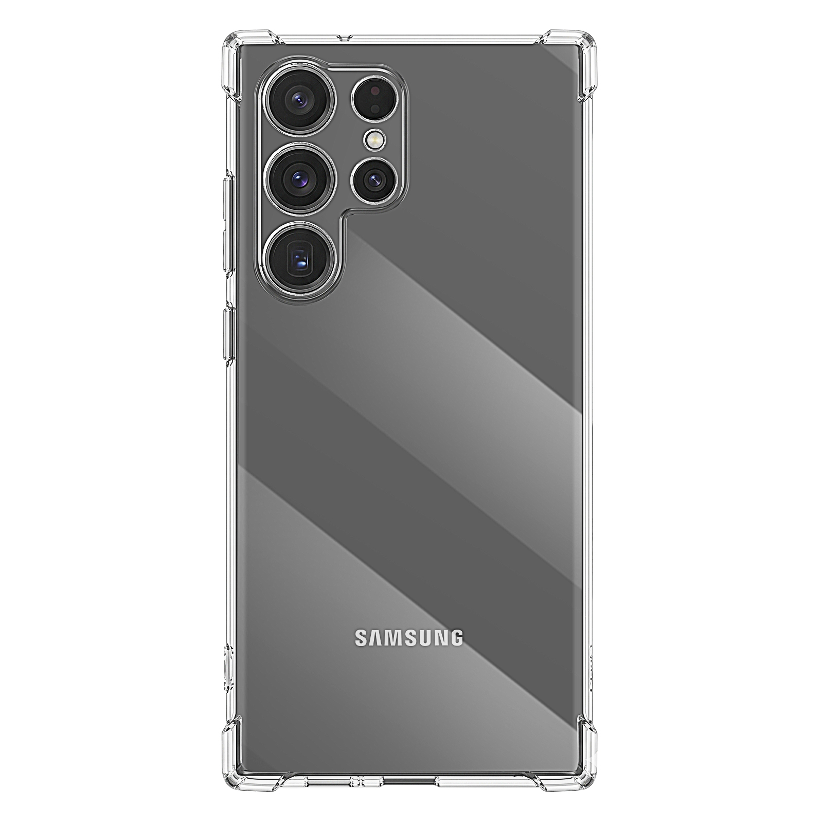 Rückseite eines Samsung-Smartphones in einer transparenten Schutzhülle mit vier vertikalen Kameras.