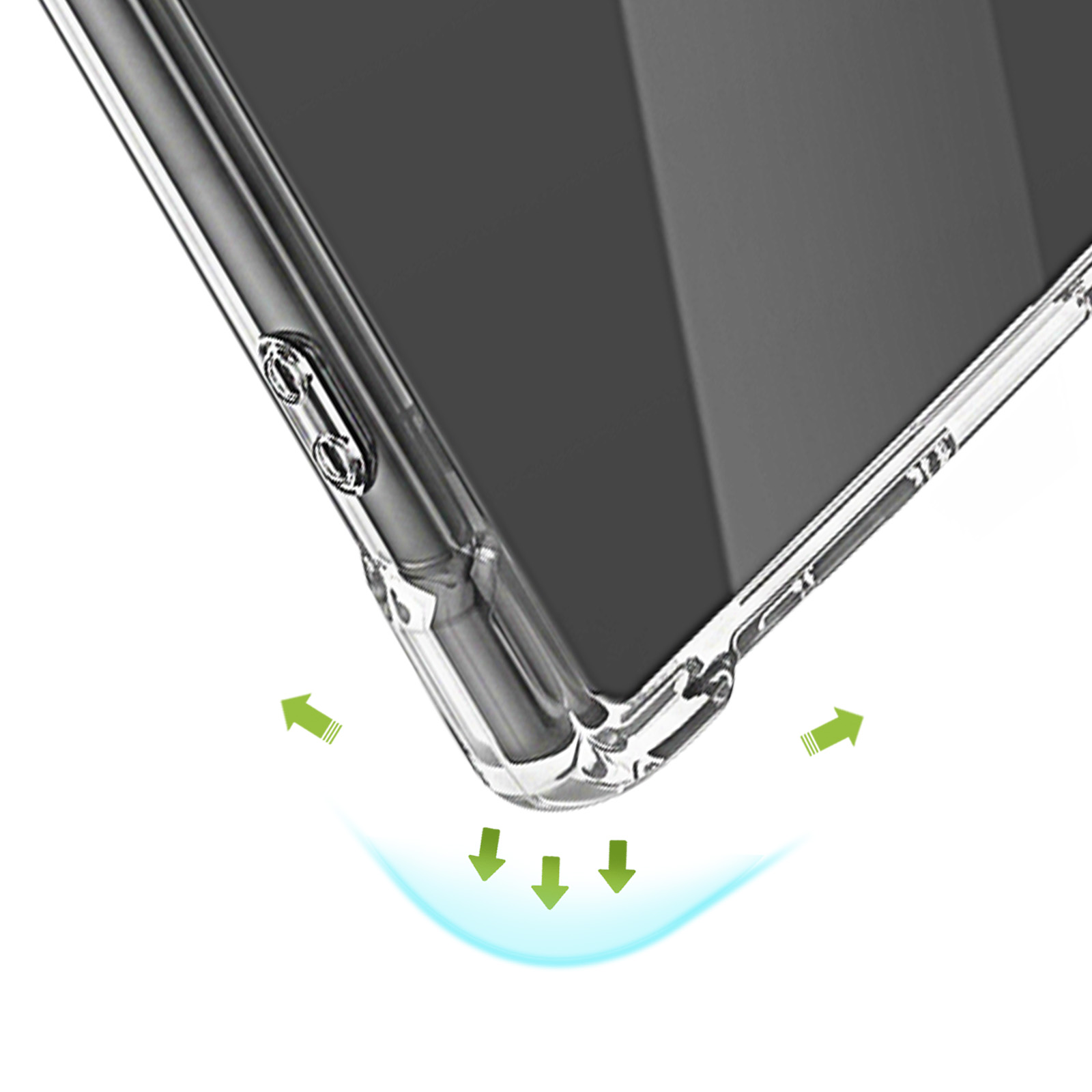 Eckenverstärkung an einer klaren Smartphone-Hülle mit grünen Pfeilen.