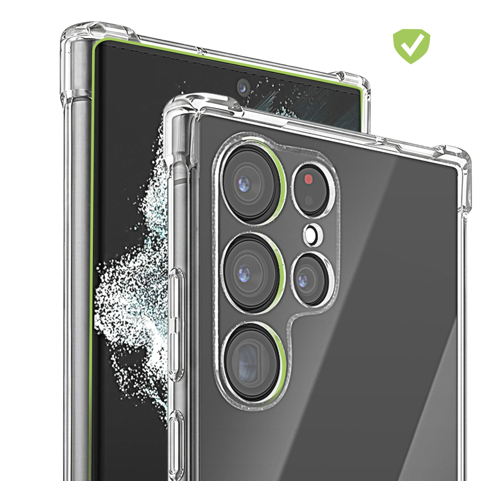 Zwei Smartphones in transparenter Schutzhülle zeigen Vorder- und Rückseite mit Mehrkamera.