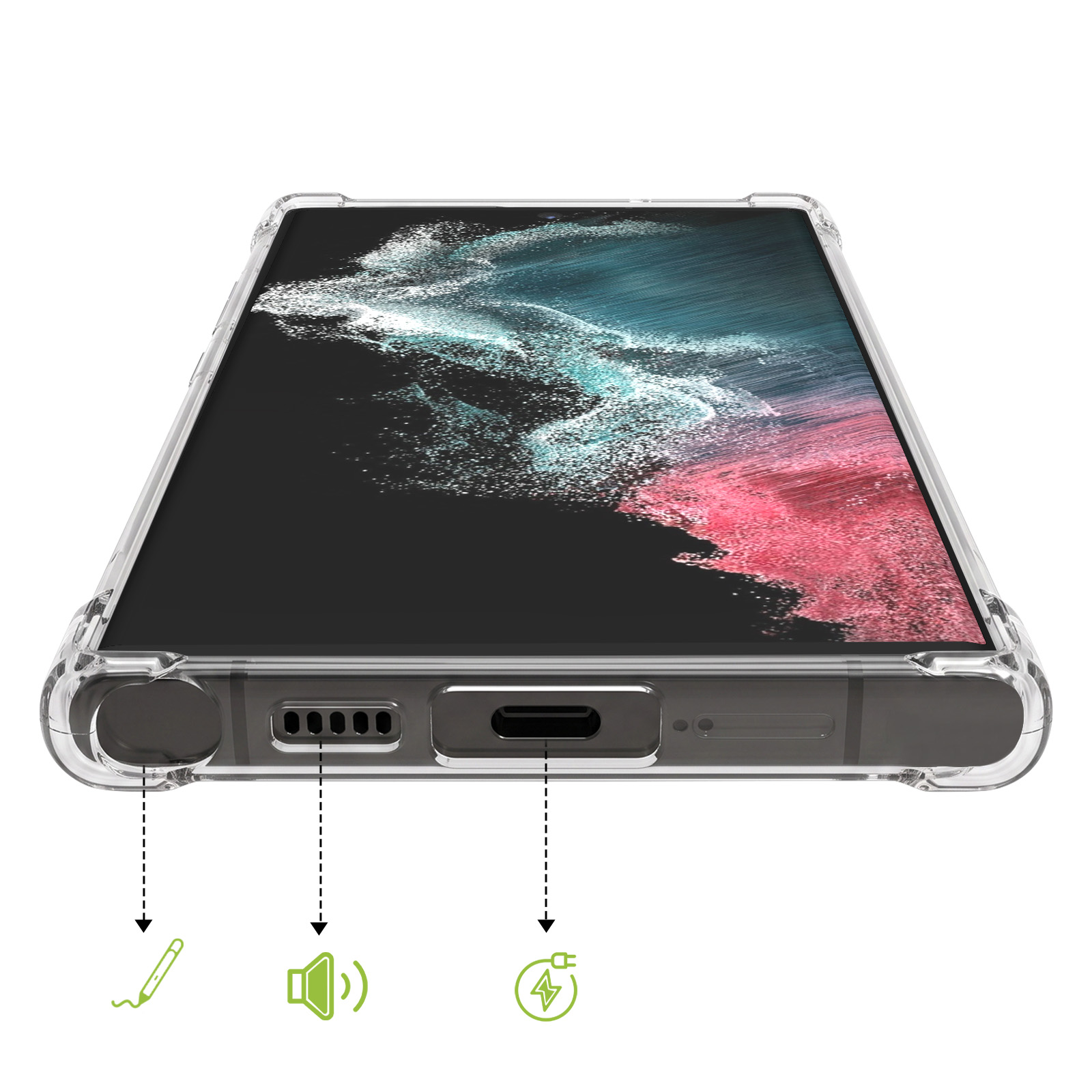Ein Smartphone in transparenter Hülle zeigt die Unterseite mit Stift-, Lautsprecher- und Ladesymbolen.