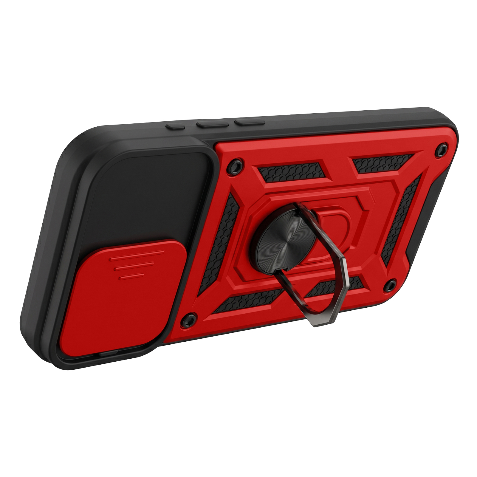 Schwarze und rote Rugged-Handyhülle mit integriertem Metallringstandfuß und Kameraabdeckung.