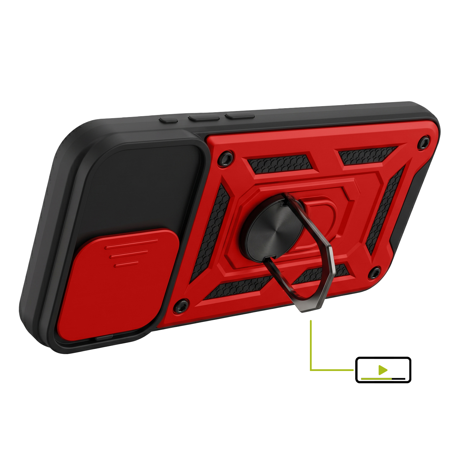 Robustes schwarz-rotes Handyhülle mit integriertem Metallring-Ständer und schiebbarem Kamera-Schutz.