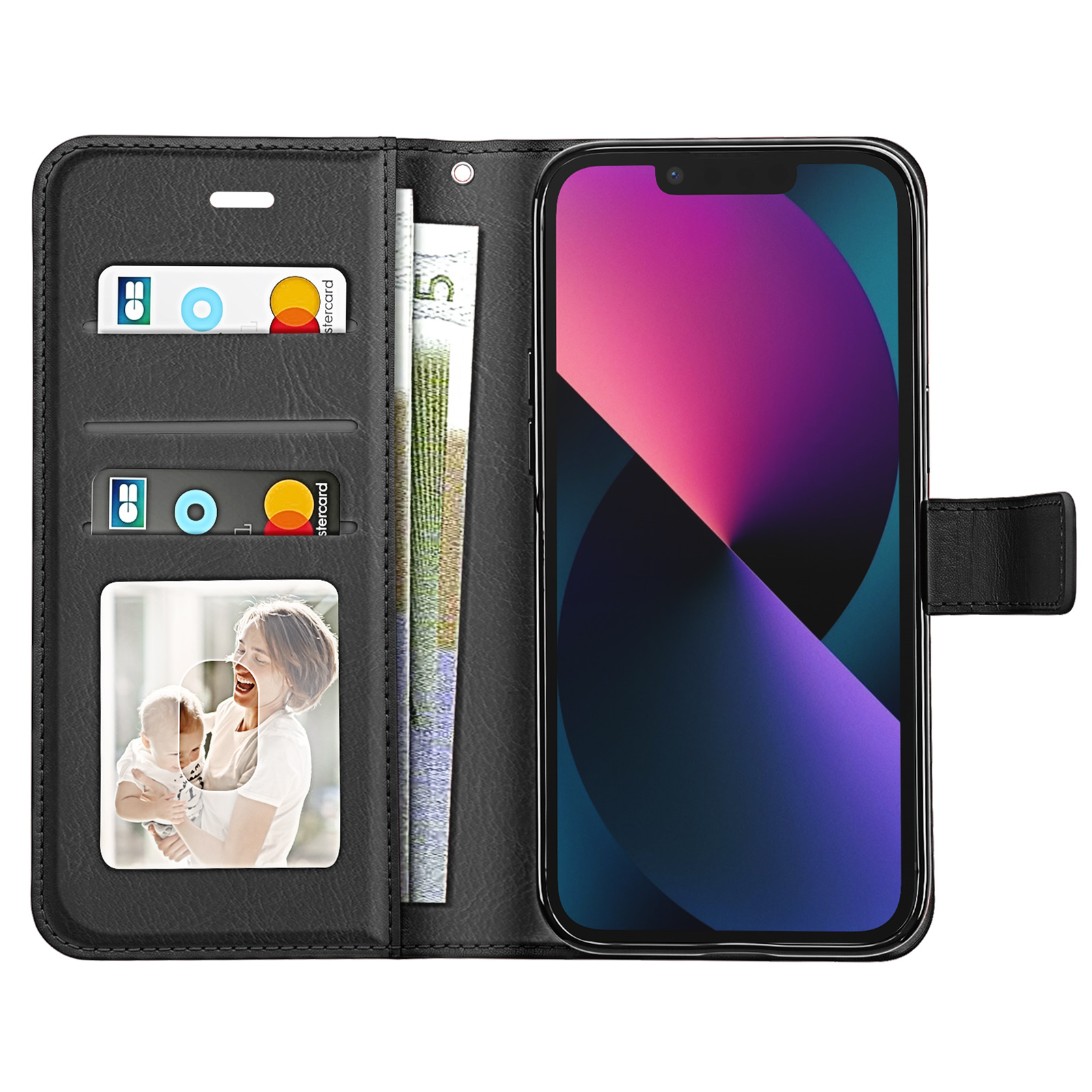 Eine schwarze Leder-Handyhülle mit Karten, Bargeld und einem Foto einer Frau mit Baby sowie einem Smartphone.