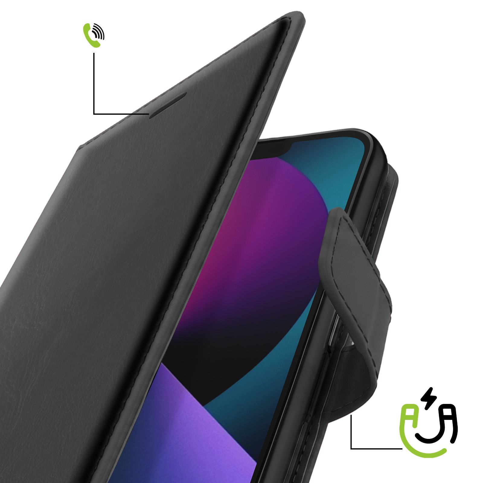 Eine schwarze Smartphone-Ledertasche mit Magnetverschluss zeigt einen Teil des bunten Bildschirms.