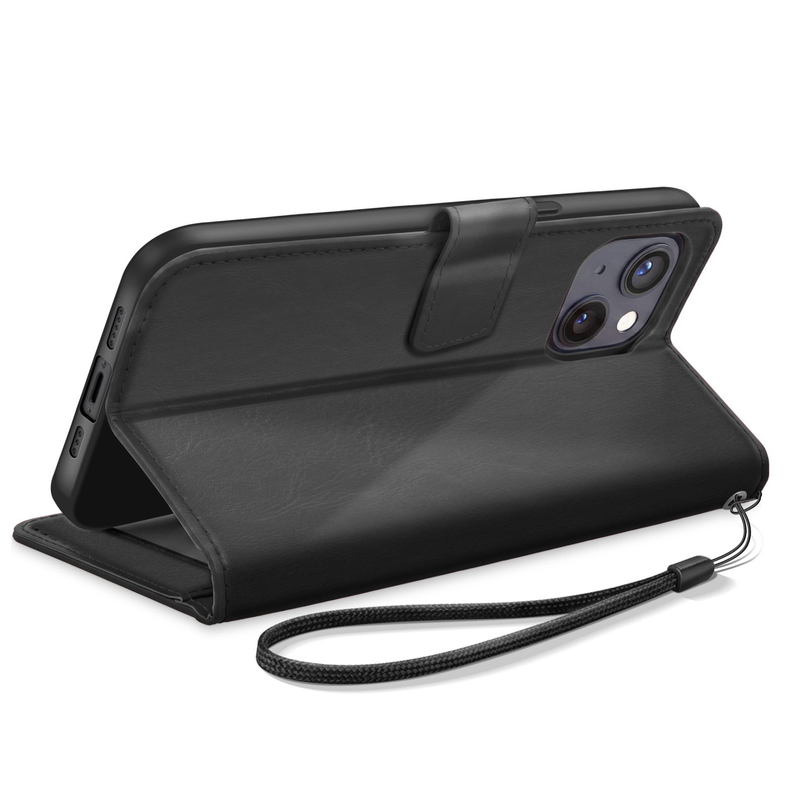 Eine schwarze Smartphone-Ledertasche als Ständer gefaltet, mit Handschlaufe, auf weißem Hintergrund.