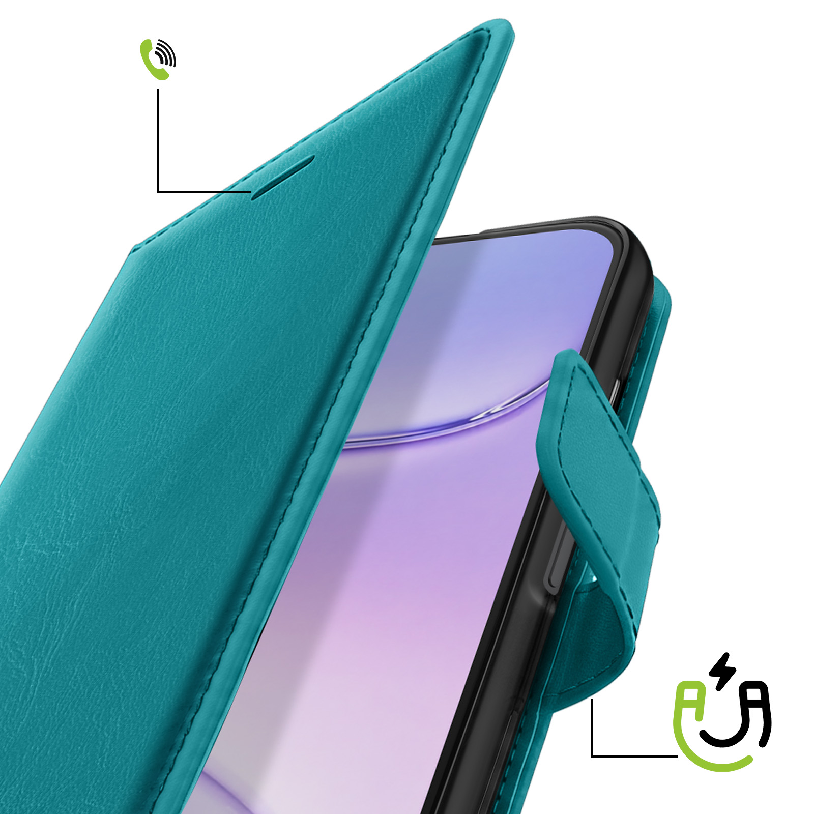 Eine türkisfarbene Ledertasche auf einem Smartphone mit Anruf- und Magnetsymbolen.