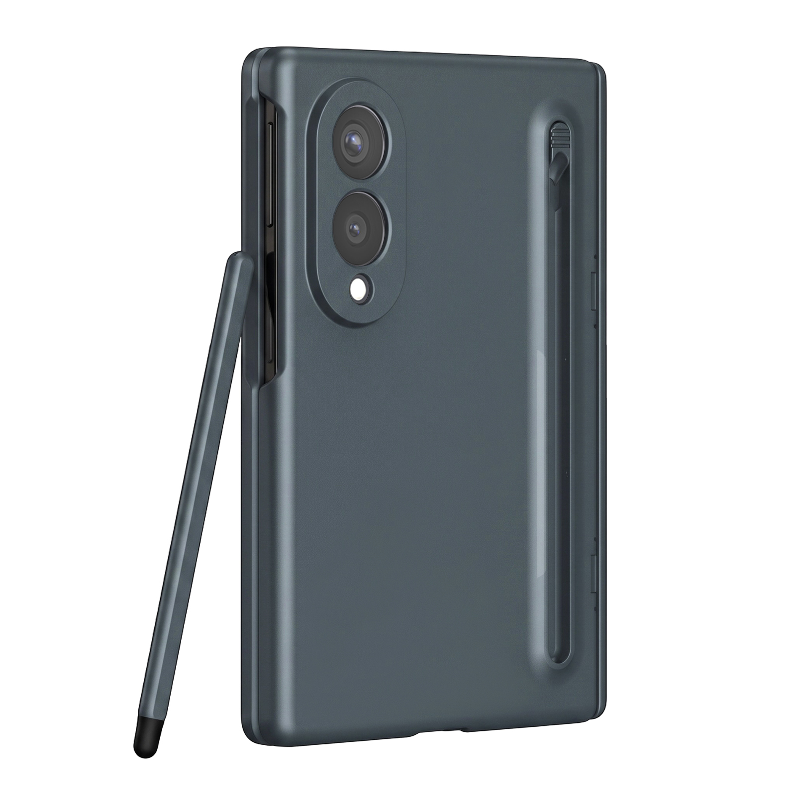 Ein dunkelgraues Falt-Smartphone in einer Hülle mit Dual-Kamera und einem daneben stehenden Stift.