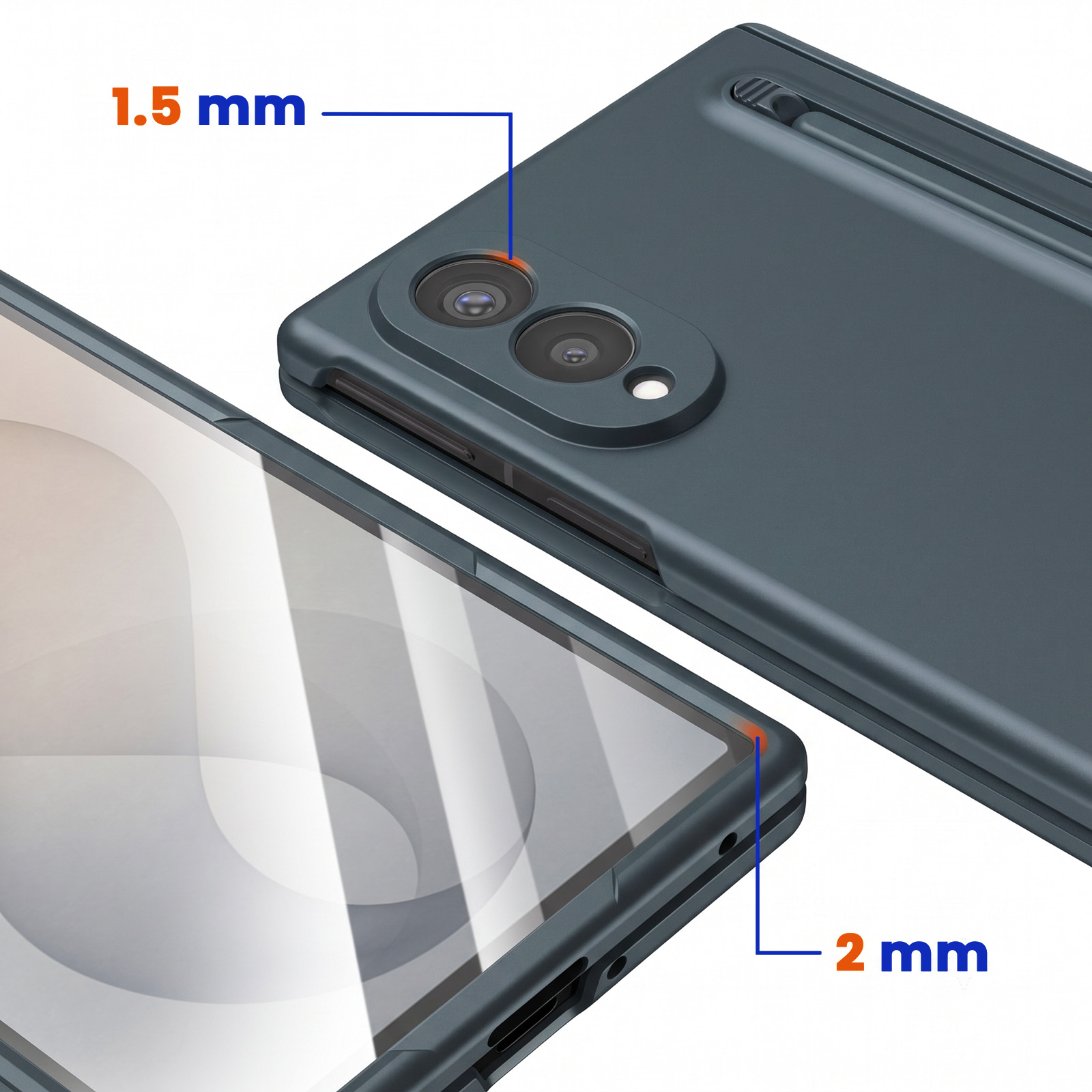 Blaue Smartphone-Hülle mit Kamera und Messlinien für 1,5 mm und 2 mm Schutz.
