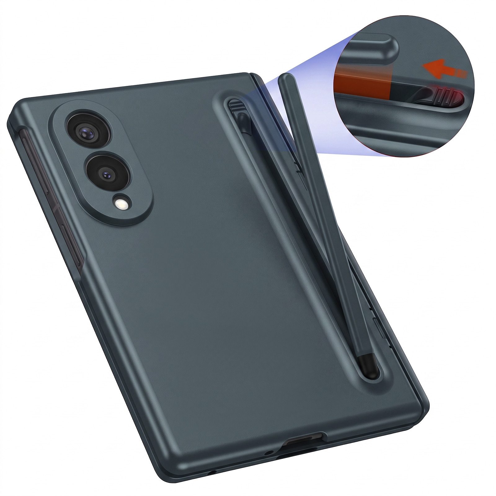 Dunkelgraue Smartphone-Hülle mit Kamera und integriertem Stift, vergrößerter Ausschnitt zeigt Schiebemechanismus.