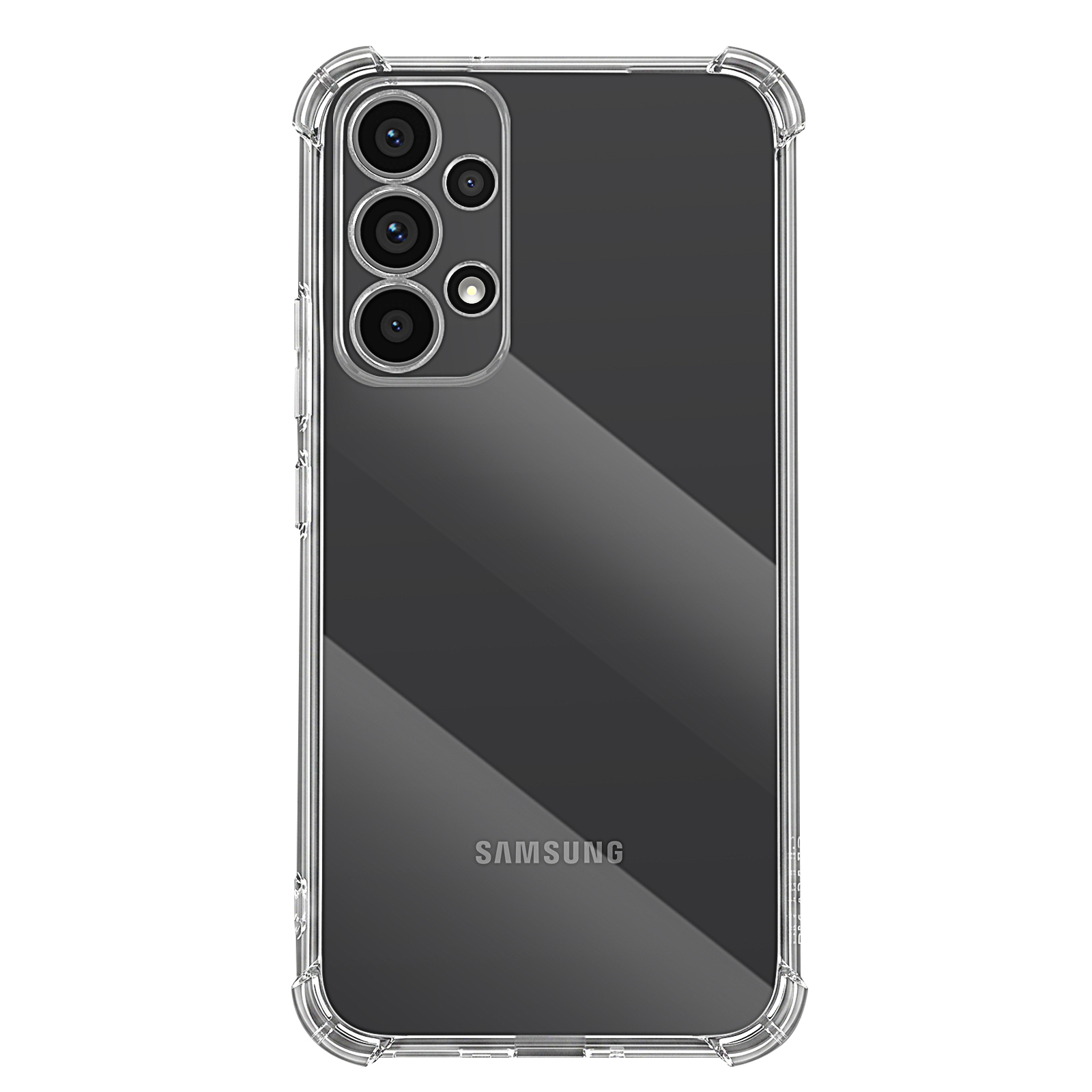 Rückseite eines Smartphones in einer transparenten Schutzhülle mit vier Kameras.