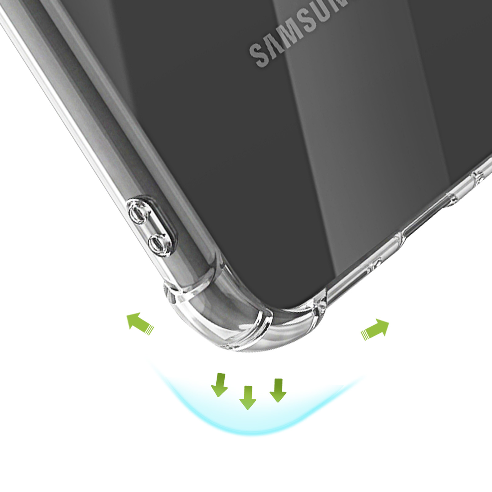 Nahaufnahme einer Smartphone-Ecke in einer klaren Hülle mit grünen Schutzpfeilen.