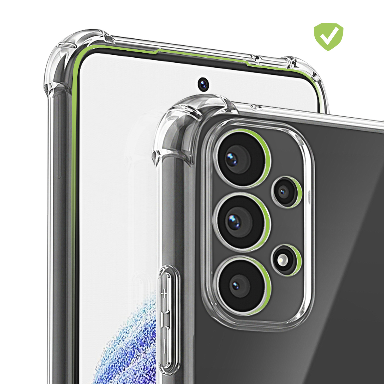 Ein Smartphone in einer klaren Schutzhülle mit verstärkten Ecken und einer Dreifachkamera auf der Rückseite.