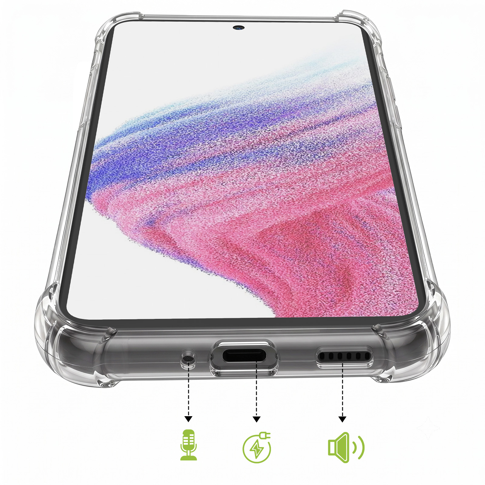Ein Smartphone in einer Klarsichthülle zeigt Symbole für Mikrofon, Ladeanschluss und Lautsprecher unten.