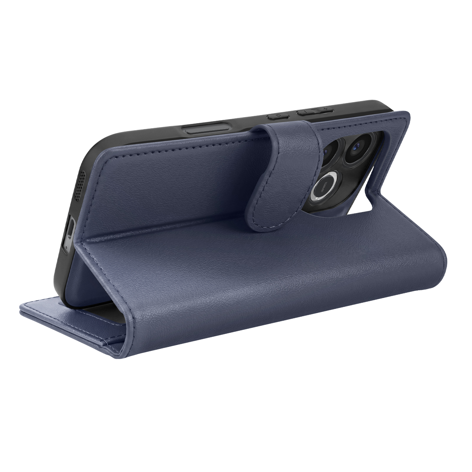 Ein dunkelblaues Leder-Flip-Case für ein Smartphone steht auf weißem Hintergrund und zeigt die Rückseite mit Kameras.
