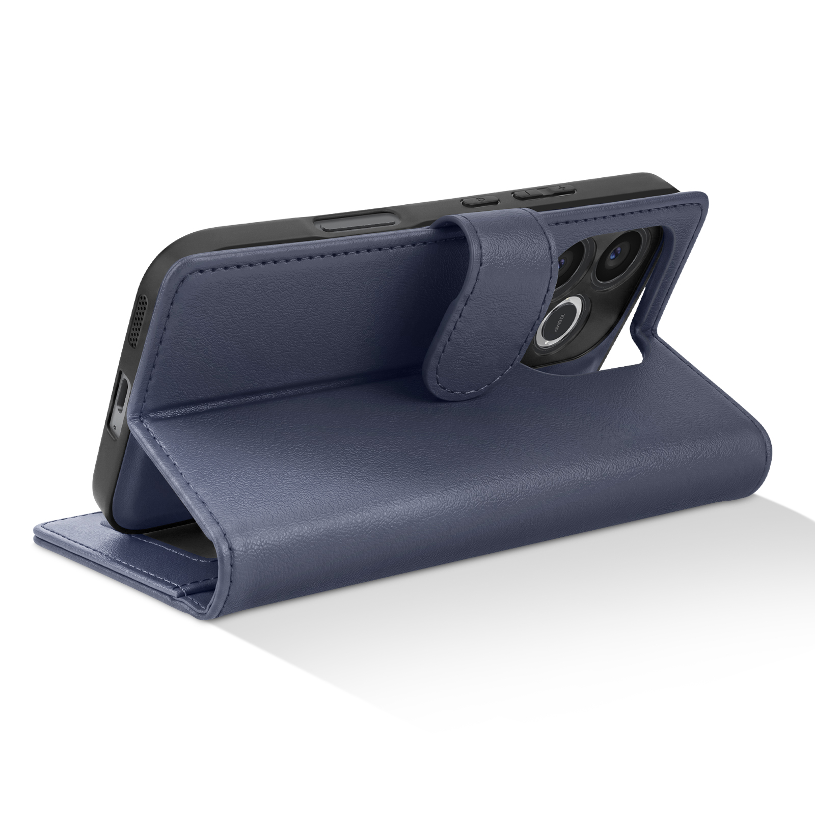 Ein dunkelblaues Leder-Klappetui für ein Smartphone, das auf einem weißen Hintergrund steht und als Ständer dient.