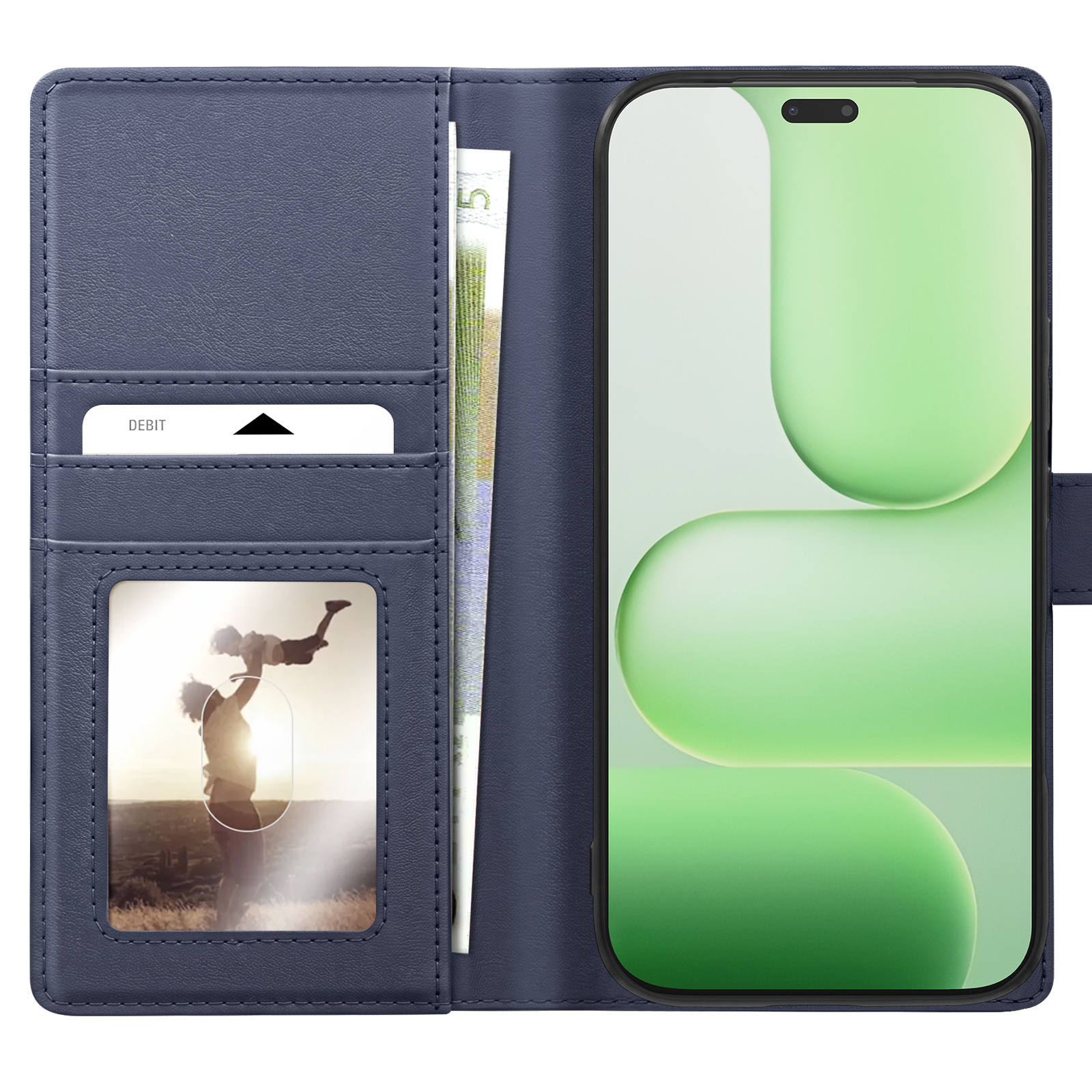 Blaues Leder-Smartphone-Etui mit Kartenfächern, Bargeld, Fotorahmen und Smartphone mit grünem Display.
