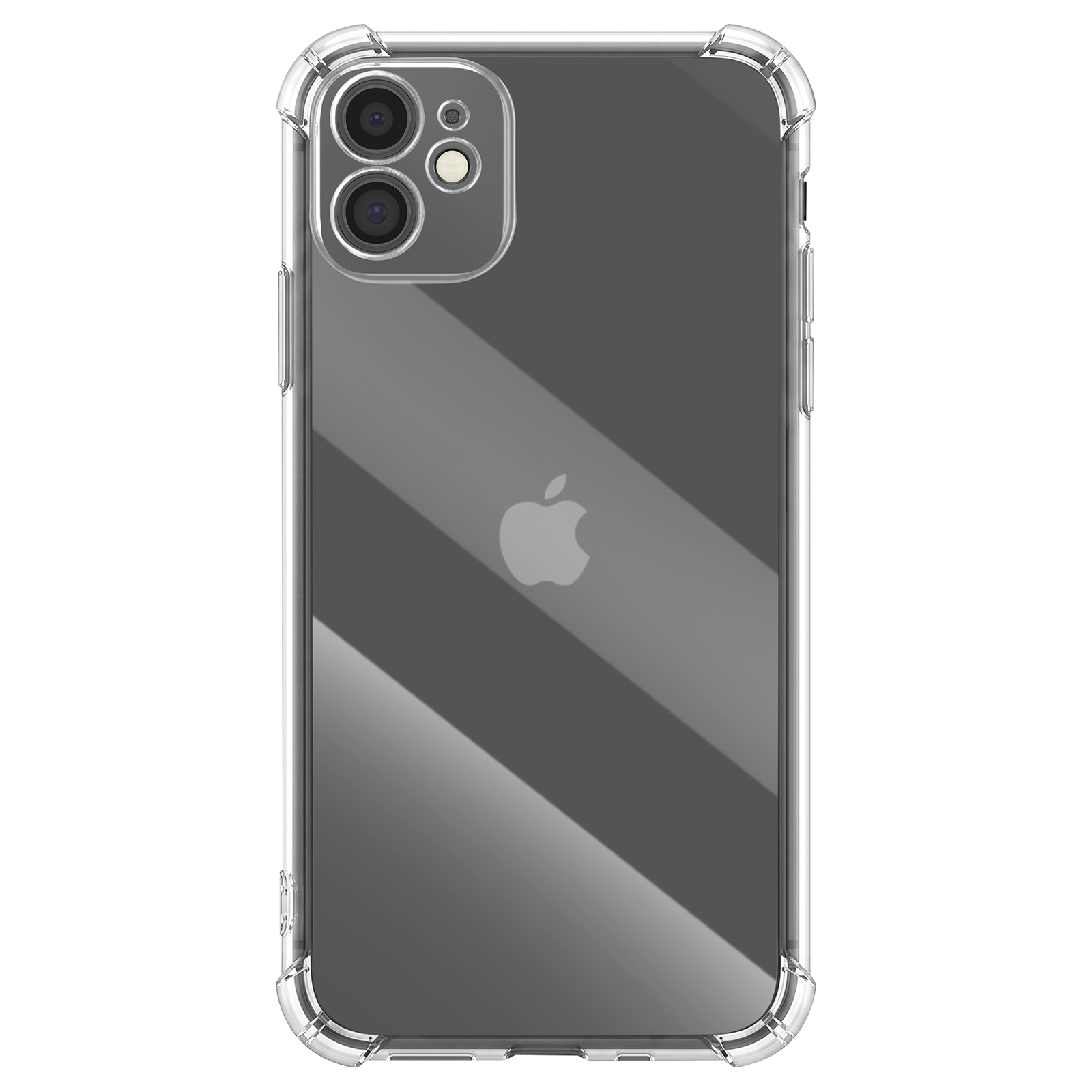 Ein Smartphone in einer klaren Schutzhülle mit verstärkten Ecken zeigt die Apple-Rückseite.