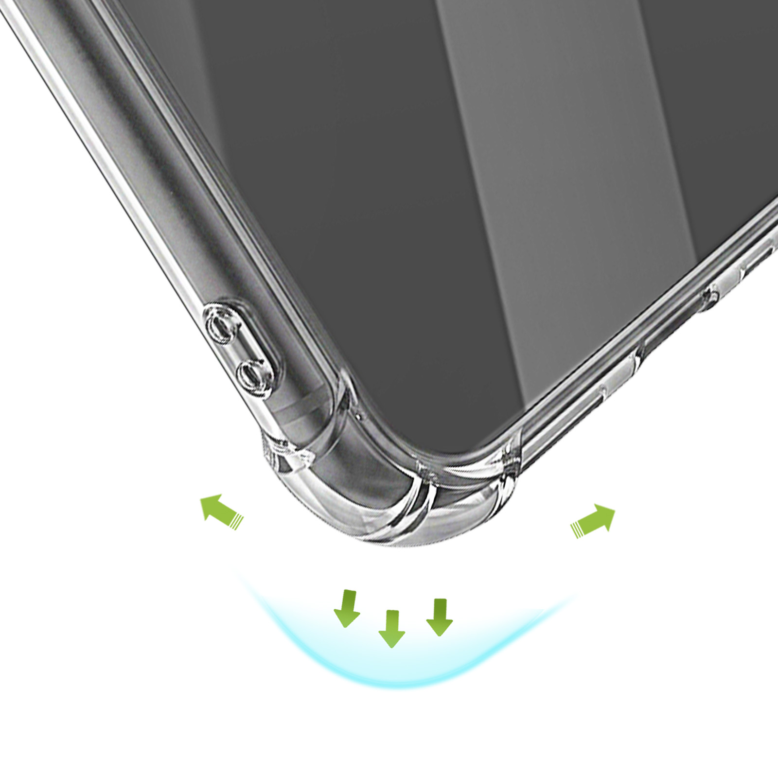 Eine transparente Handyhülle zeigt Stoßdämpfung und Schutz an der Ecke mit grünen Pfeilen.